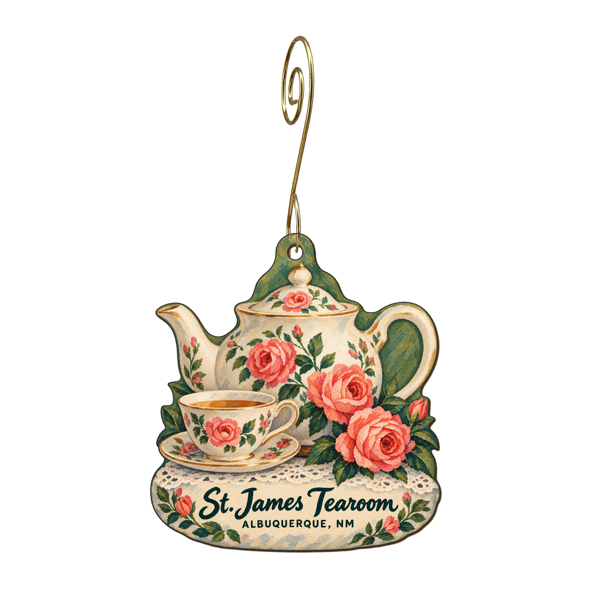 St. James Tearoom — Store identity custom wood ornament OC1583, photographic gold spiral hook
