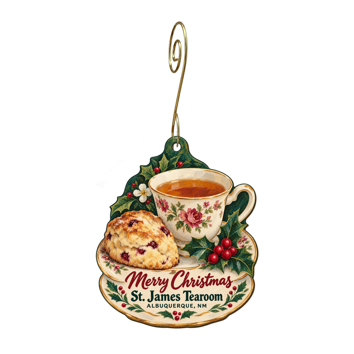St. James Tearoom — Christmas custom wood ornament OC1584, photographic gold spiral hook