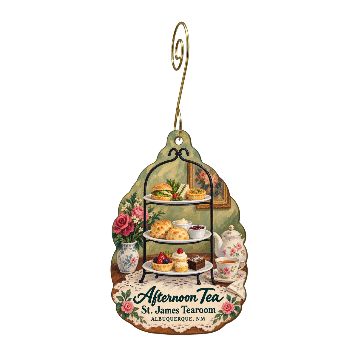 St. James Tearoom — Local inspiration custom wood ornament OC1585, photographic gold spiral hook