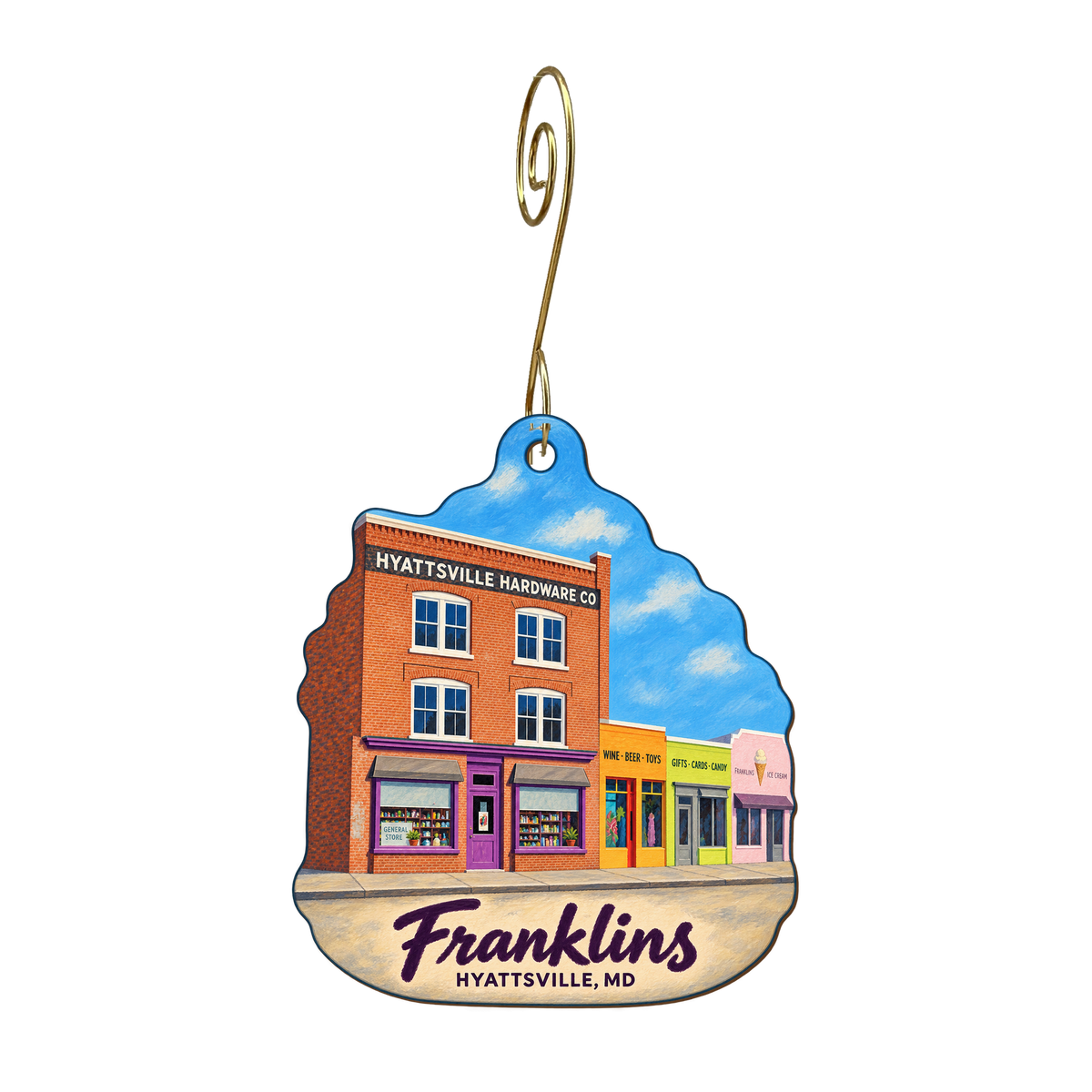 Franklins — Store identity custom wood ornament OC1589, photographic gold spiral hook