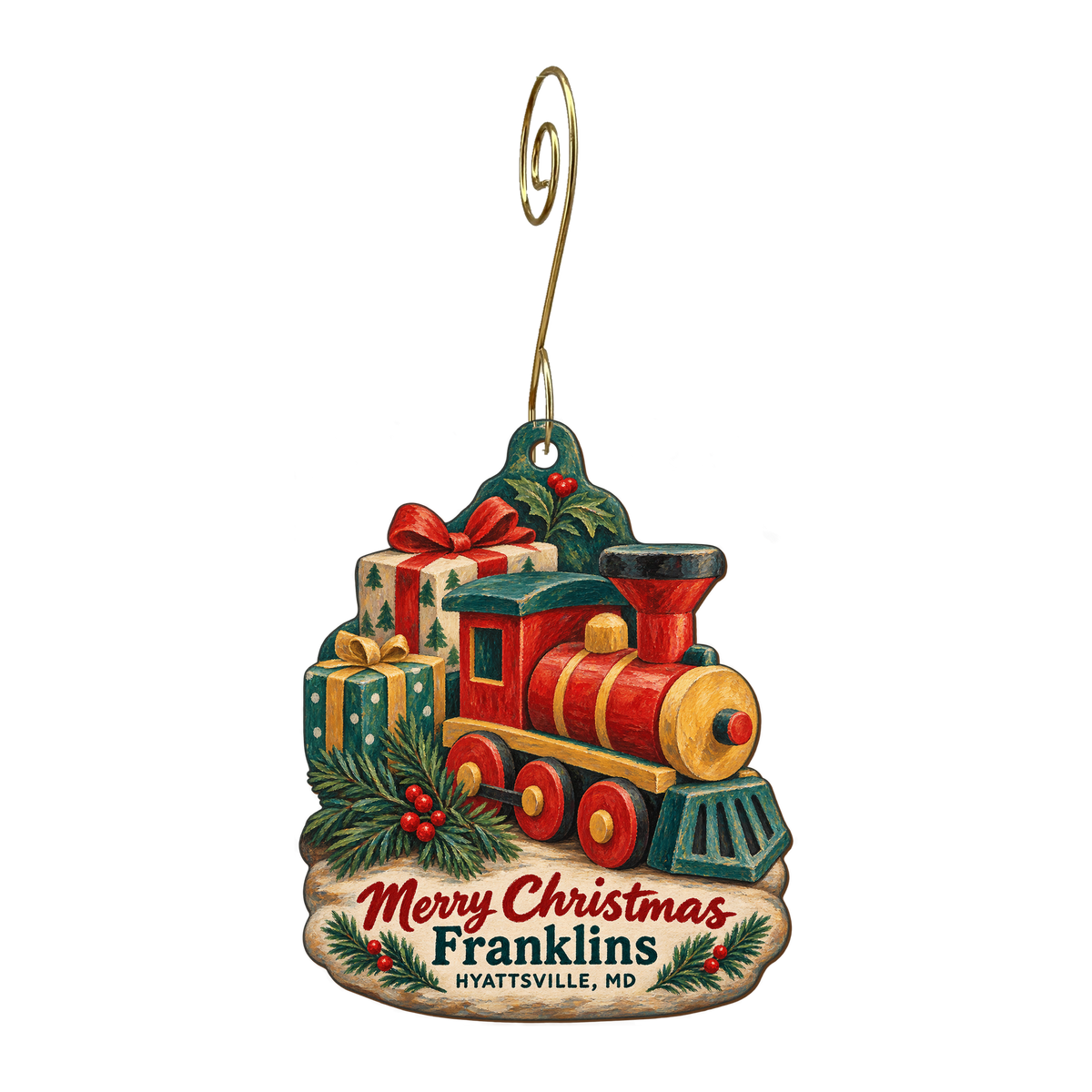 Franklins — Christmas custom wood ornament OC1590, photographic gold spiral hook