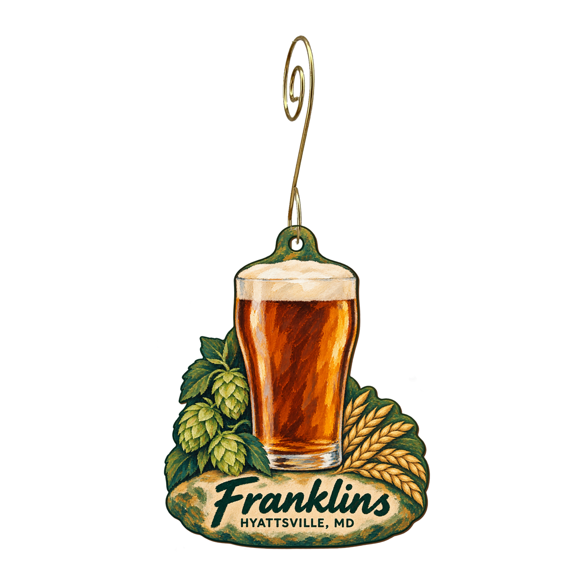 Franklins — Local inspiration custom wood ornament OC1591, photographic gold spiral hook