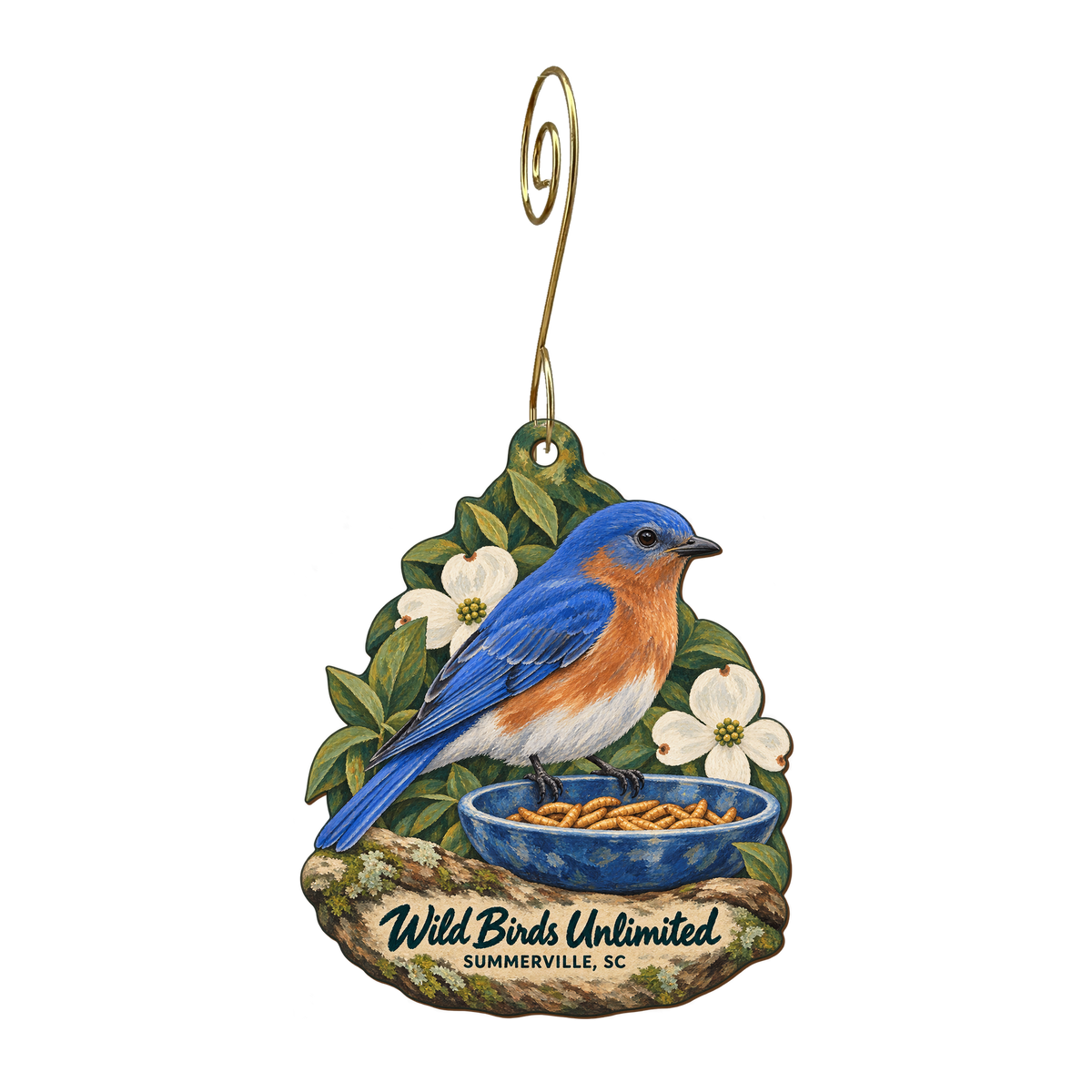 Wild Birds Unlimited — Store identity custom wood ornament OC1592, photographic gold spiral hook