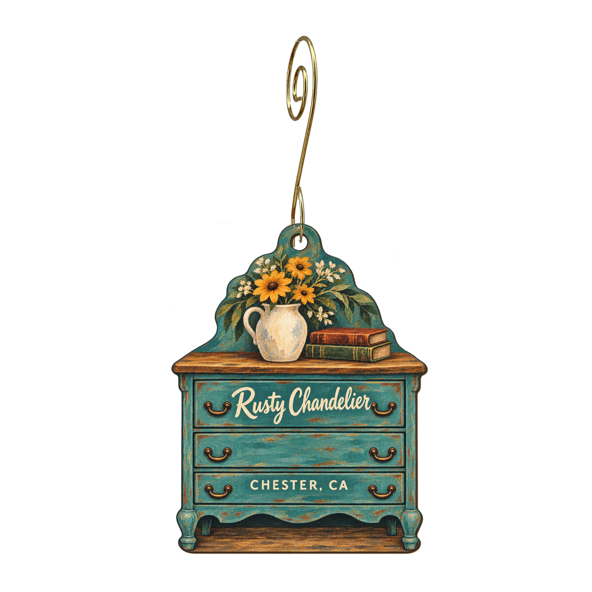Rusty Chandelier — Store identity custom wood ornament OC1595, photographic gold spiral hook
