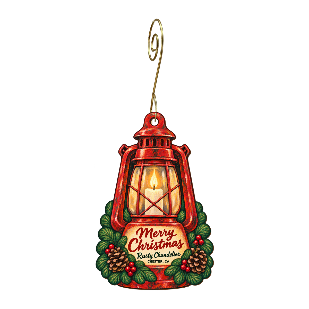 Rusty Chandelier — Christmas custom wood ornament OC1596, photographic gold spiral hook