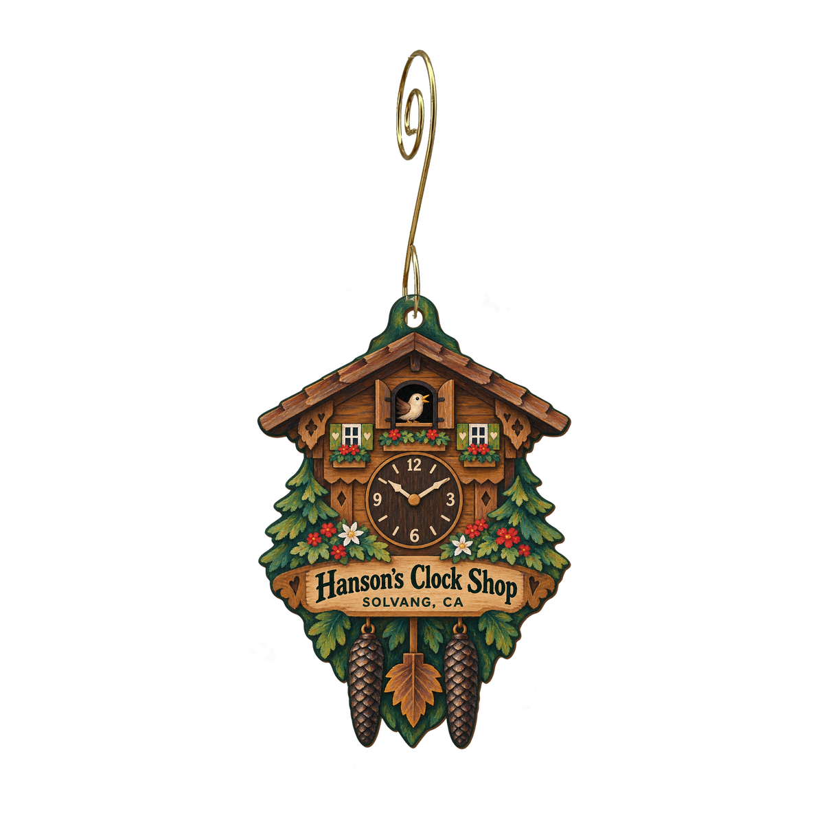 Hanson's Clock Shop — Store identity custom wood ornament OC1598, photographic gold spiral hook