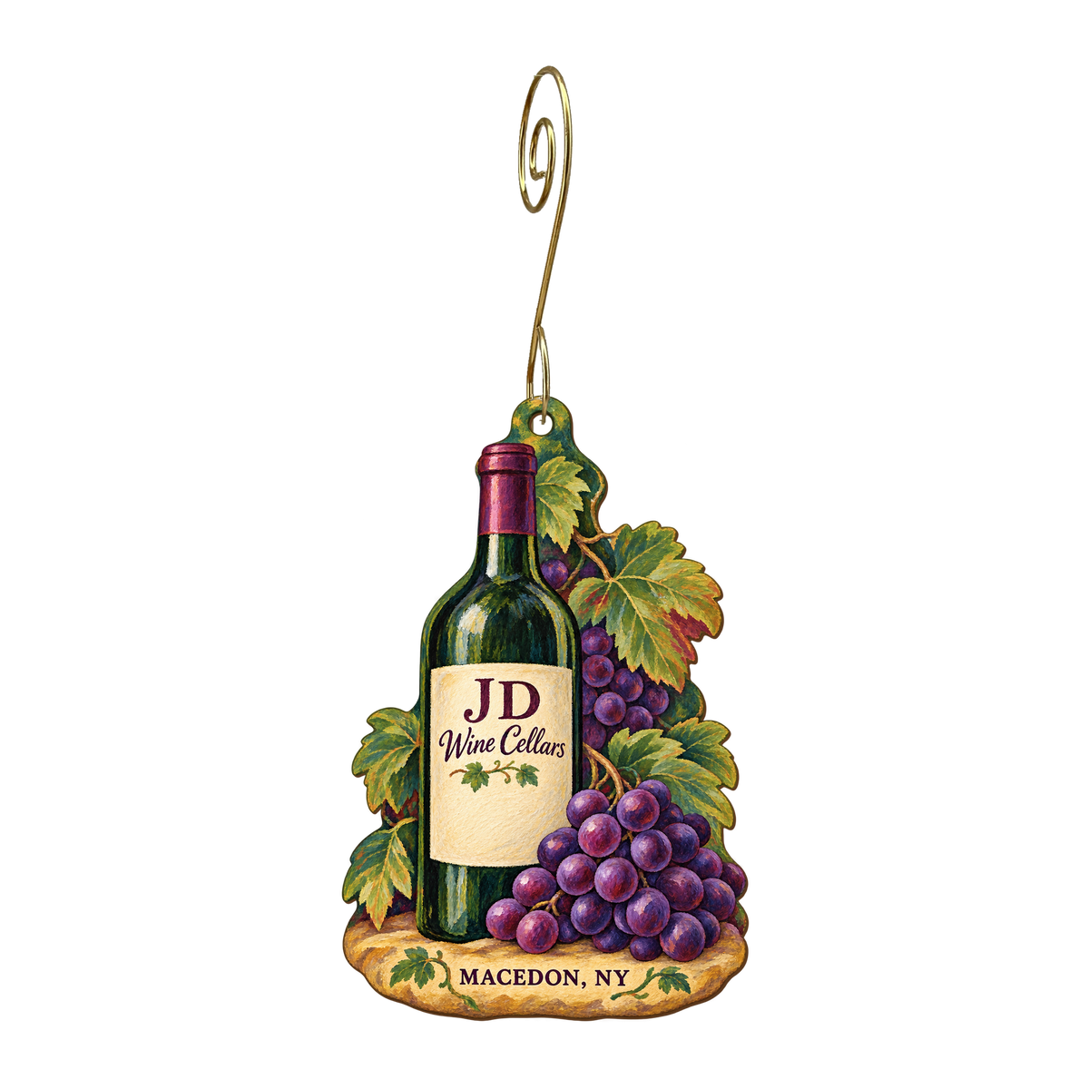 Jd Wine Cellars / Long Acre Farms — Store identity custom wood ornament OC1601, photographic gold spiral hook