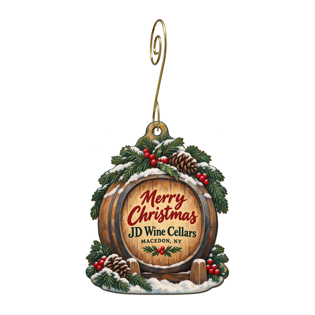 Jd Wine Cellars / Long Acre Farms — Christmas custom wood ornament OC1602, photographic gold spiral hook