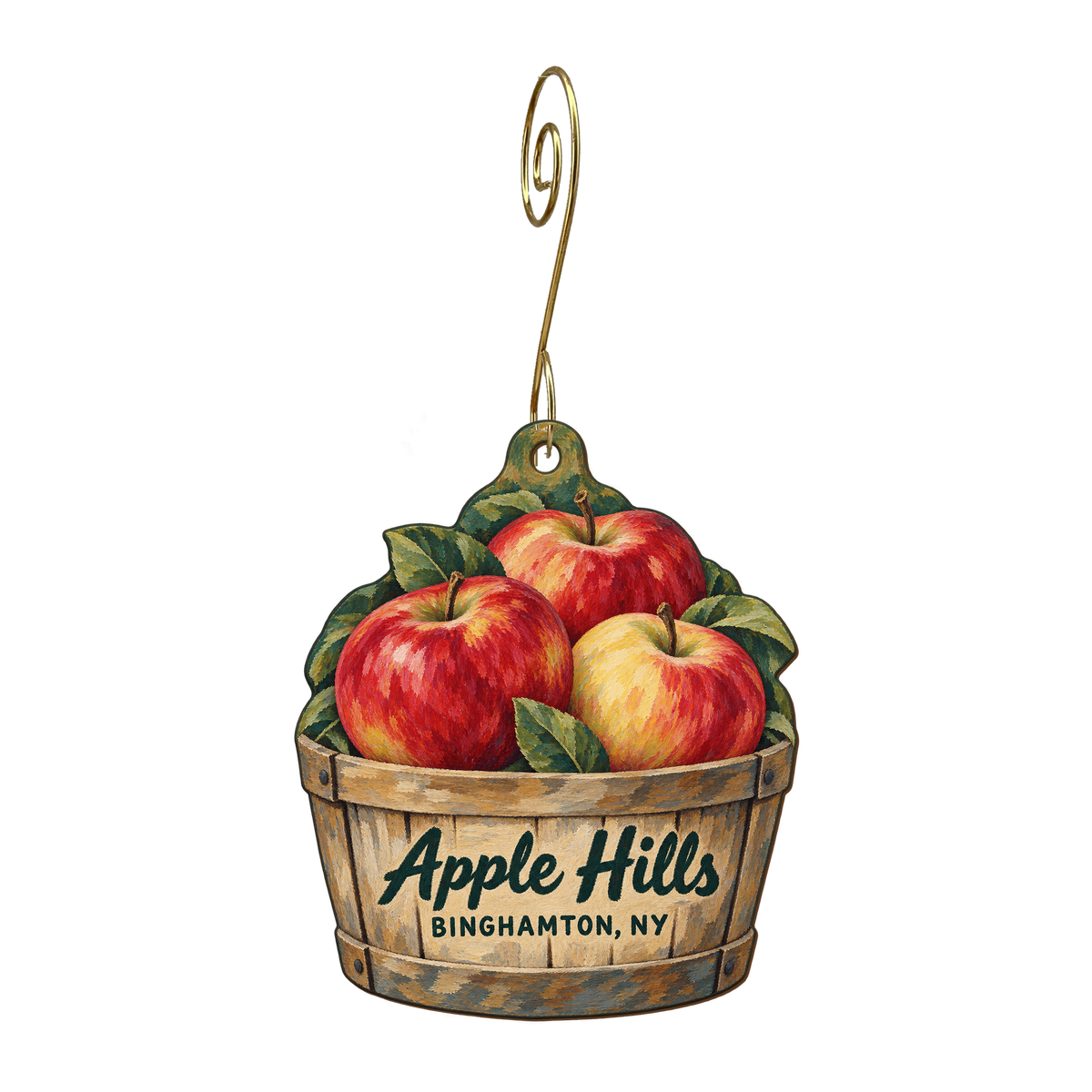 Apple Hills — Store identity custom wood ornament OC1604, photographic gold spiral hook
