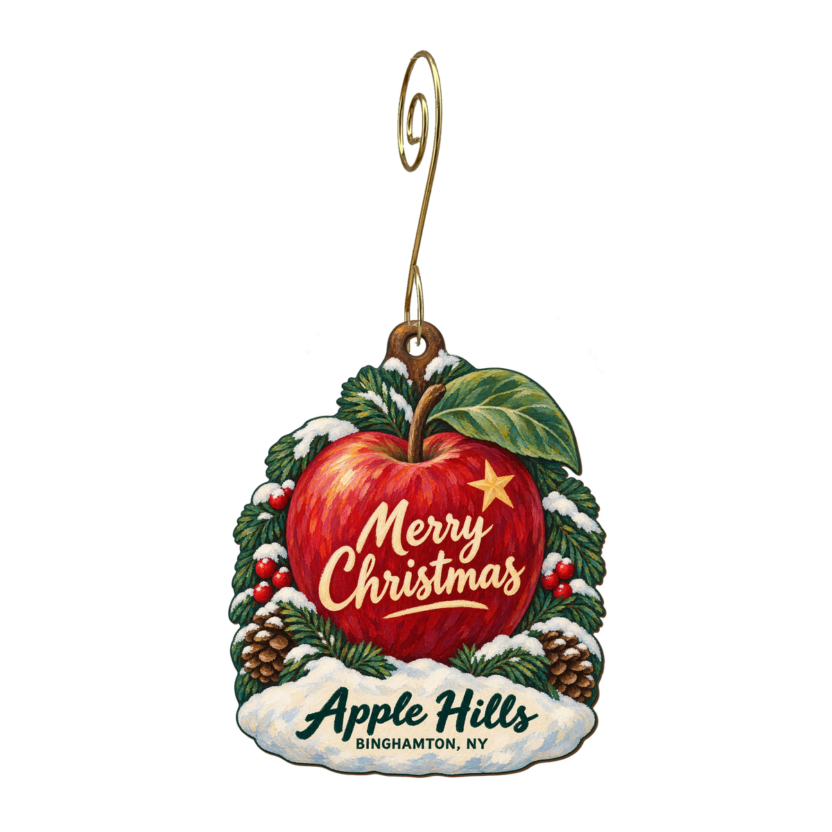 Apple Hills — Christmas custom wood ornament OC1605, photographic gold spiral hook