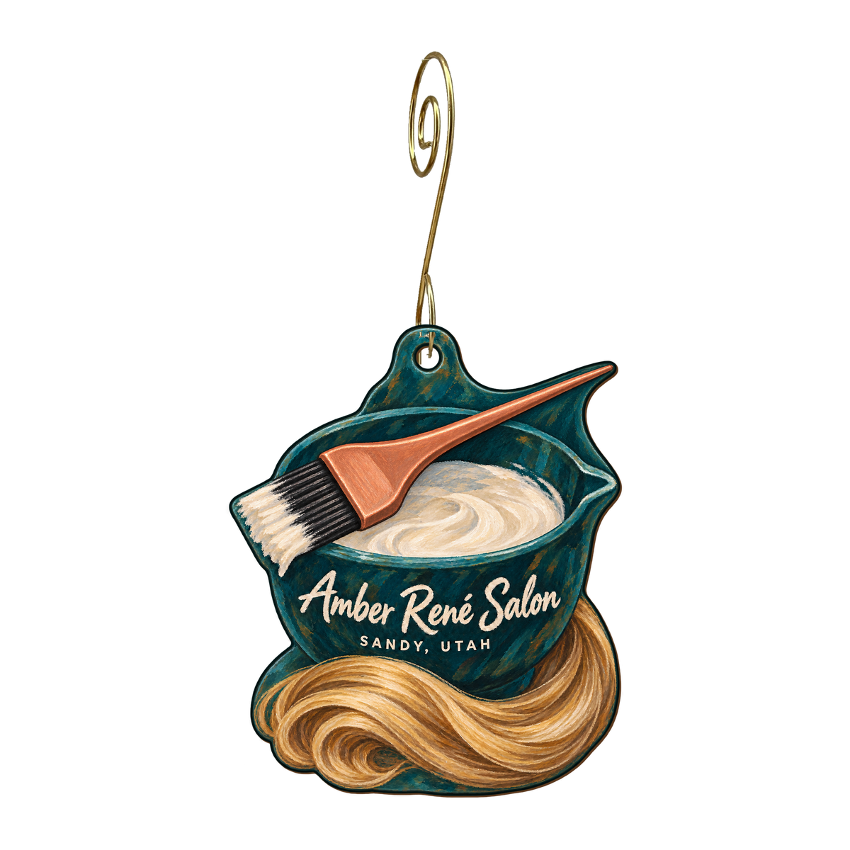 Amber Rene Salon — Local inspiration custom wood ornament OC1609, photographic gold spiral hook