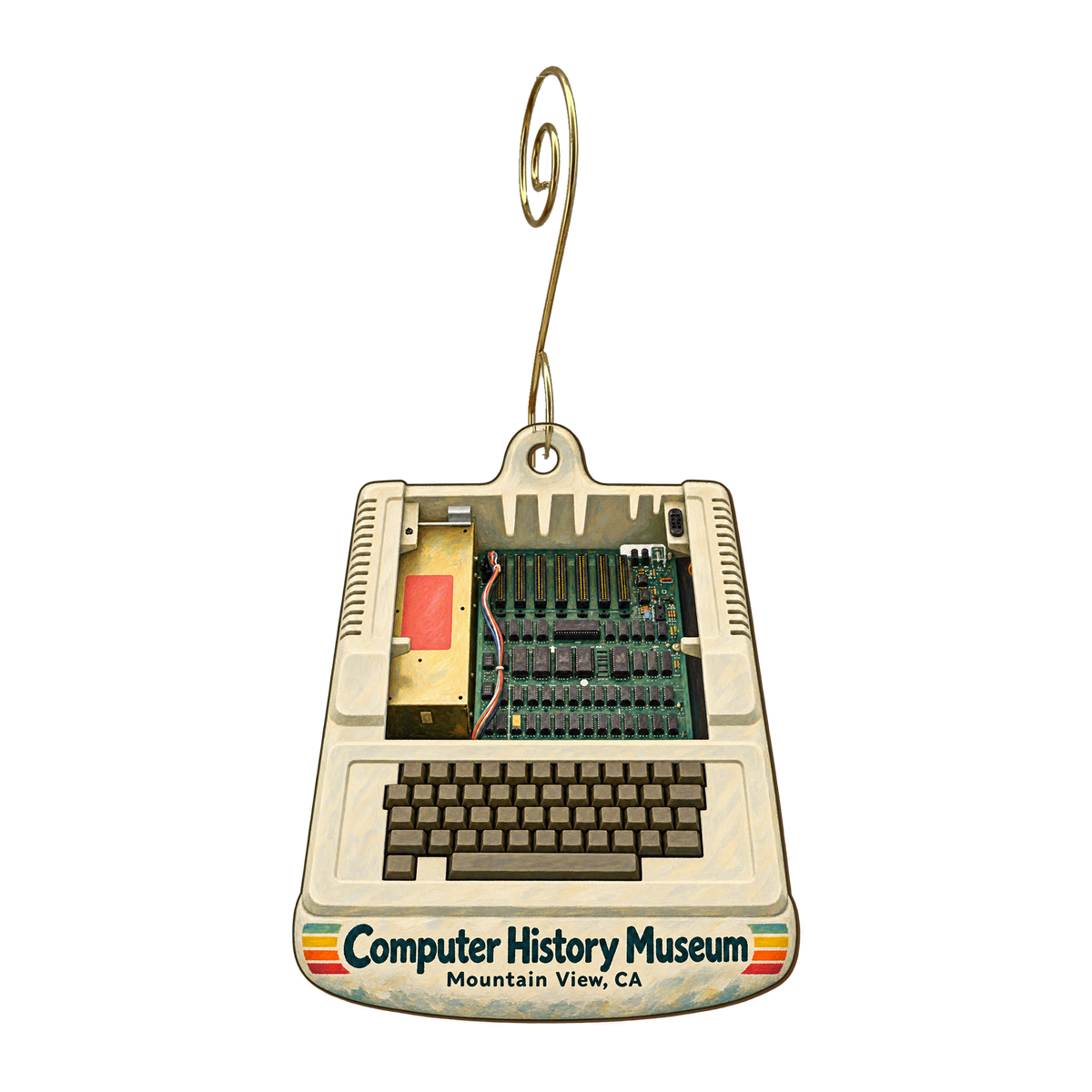 Computer History Museum — Store identity custom wood ornament OC1610, photographic gold spiral hook
