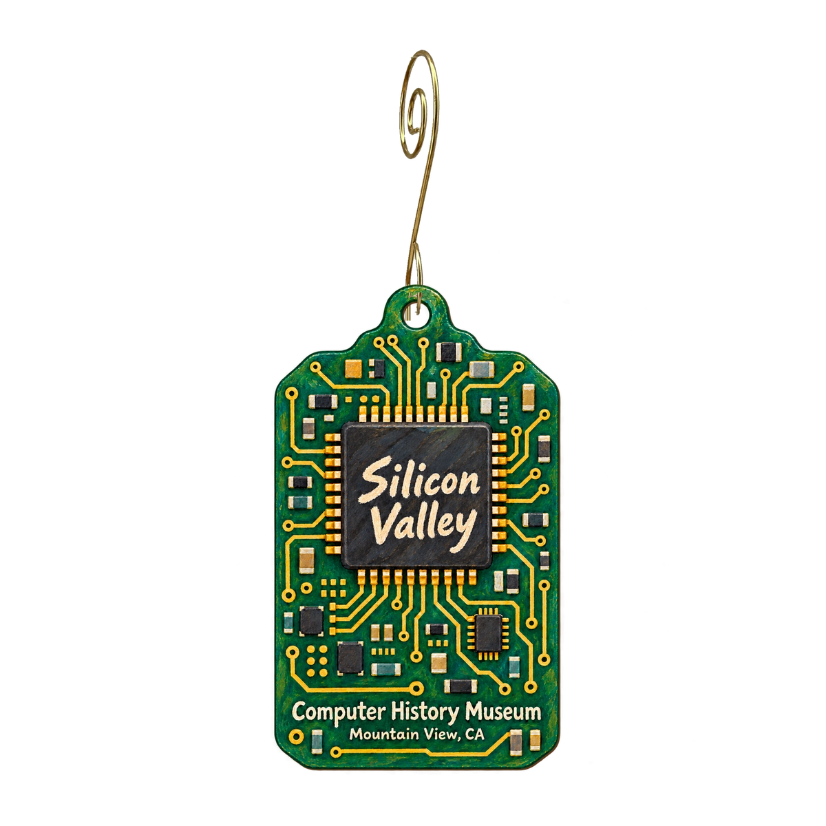 Computer History Museum — Local inspiration custom wood ornament OC1612, photographic gold spiral hook