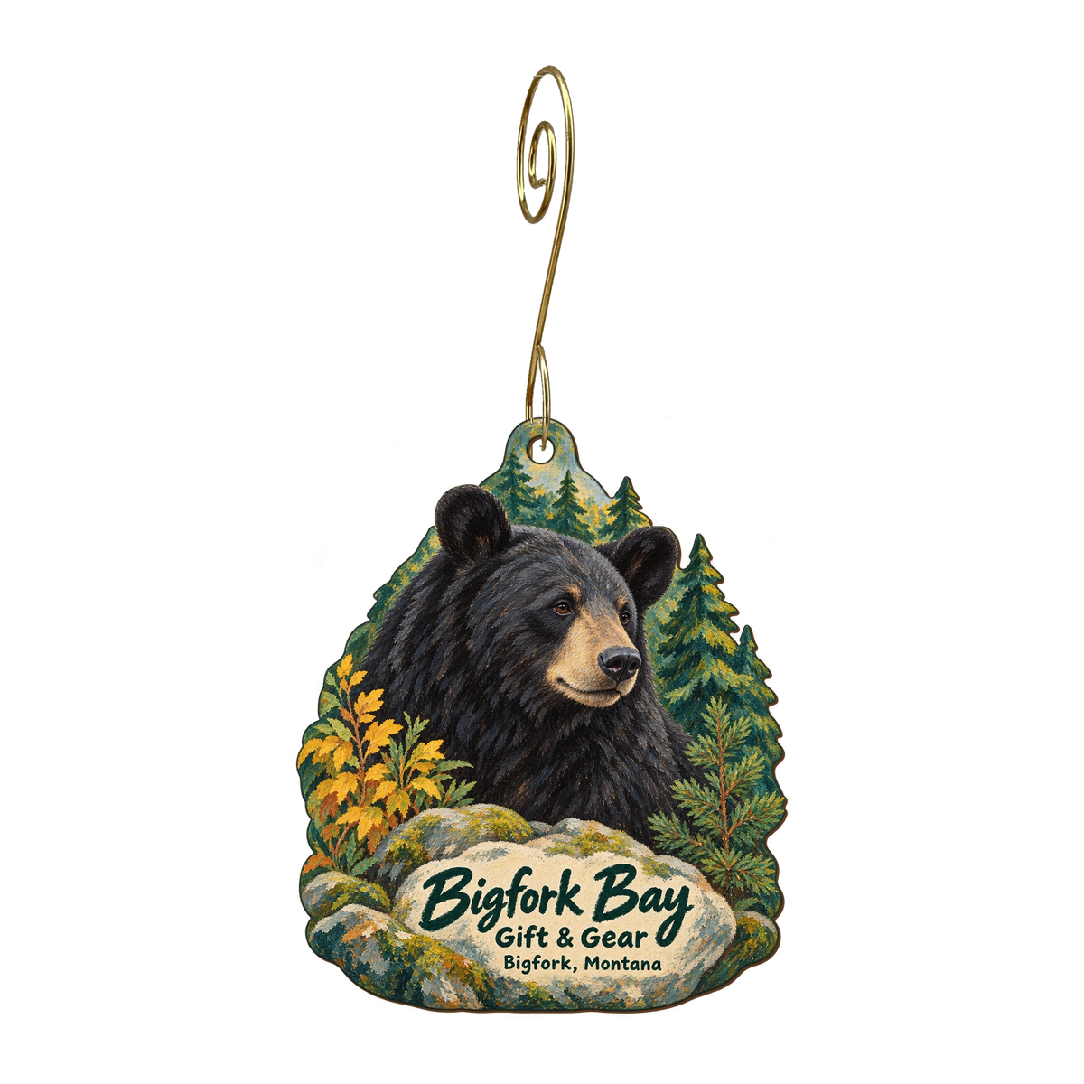 Bigfork Bay Gift & Gear — Store identity custom wood ornament OC1613, photographic gold spiral hook