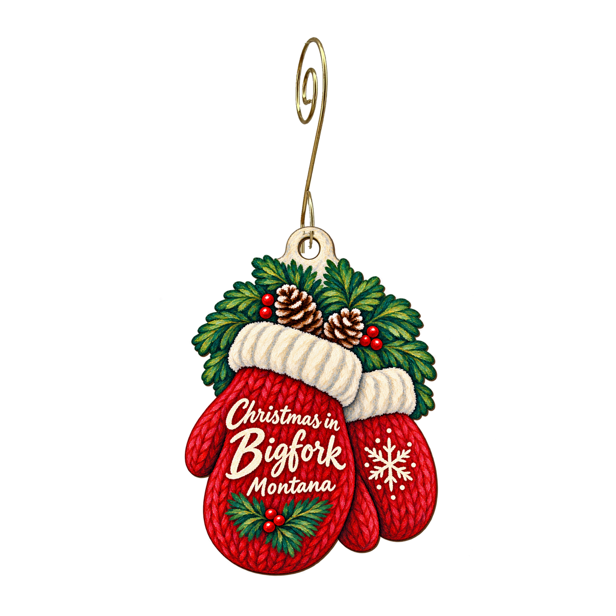Bigfork Bay Gift & Gear — Christmas custom wood ornament OC1614, photographic gold spiral hook