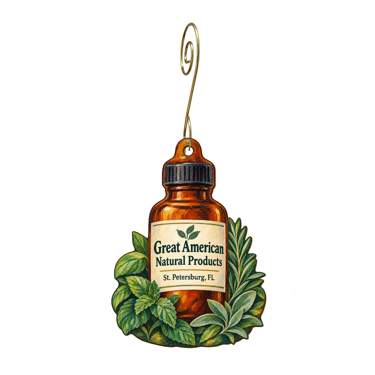 Great American Natural Products — Store identity custom wood ornament OC1622, photographic gold spiral hook