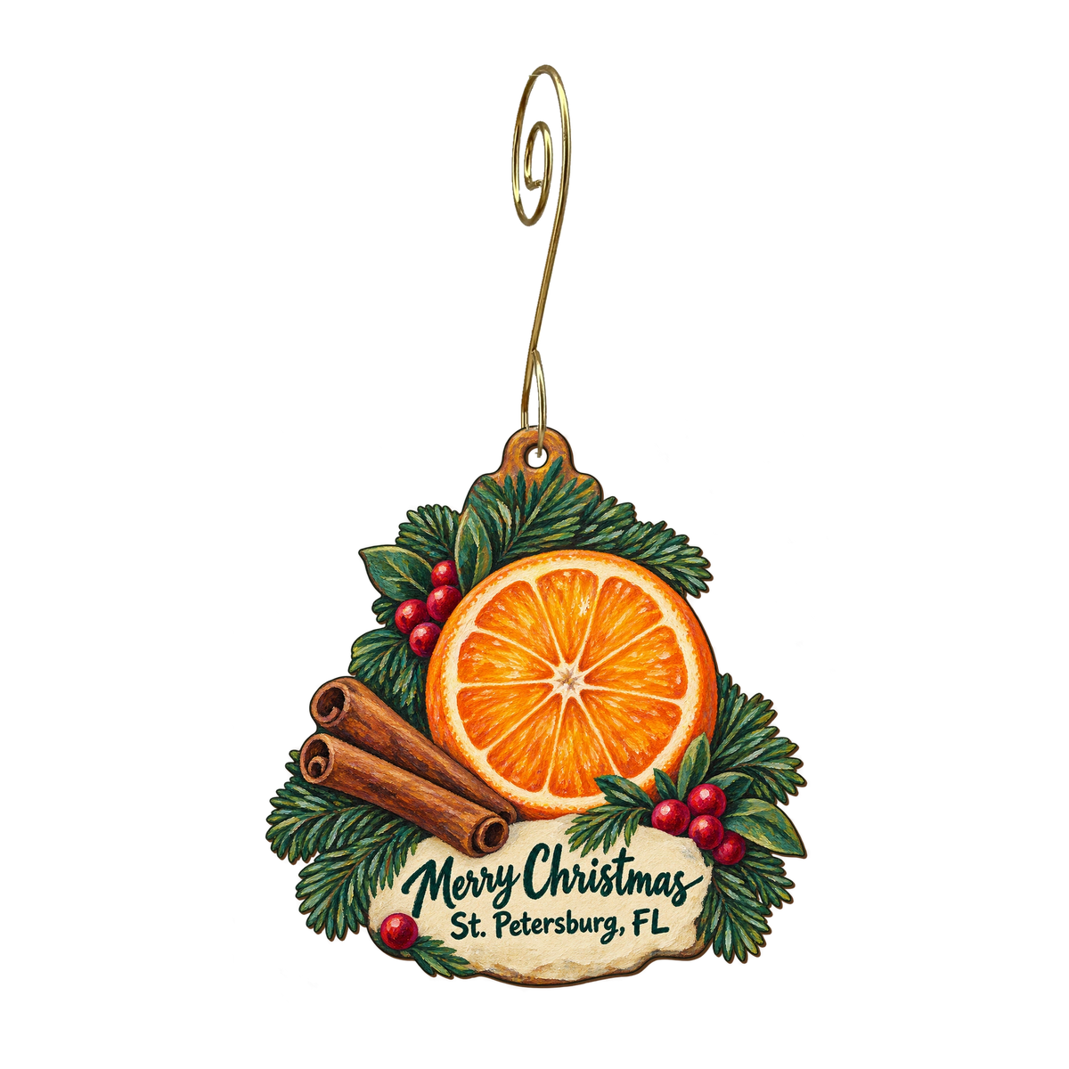 Great American Natural Products — Christmas custom wood ornament OC1623, photographic gold spiral hook
