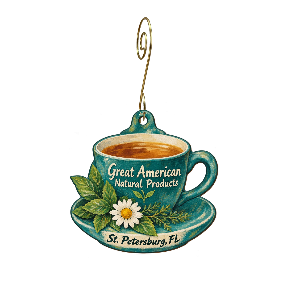 Great American Natural Products — Local inspiration custom wood ornament OC1624, photographic gold spiral hook