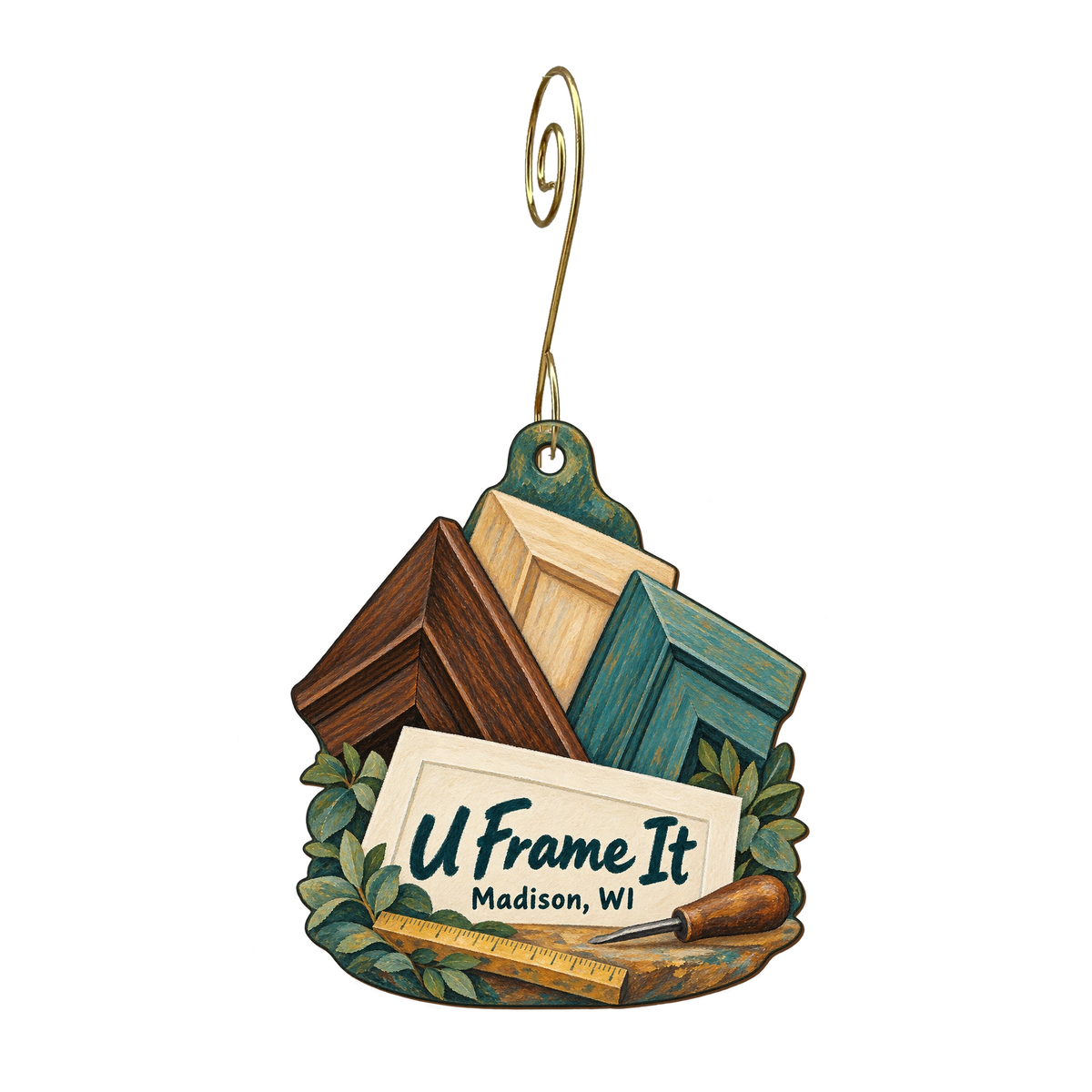 M&C U Frame It — Store identity custom wood ornament OC1625, photographic gold spiral hook