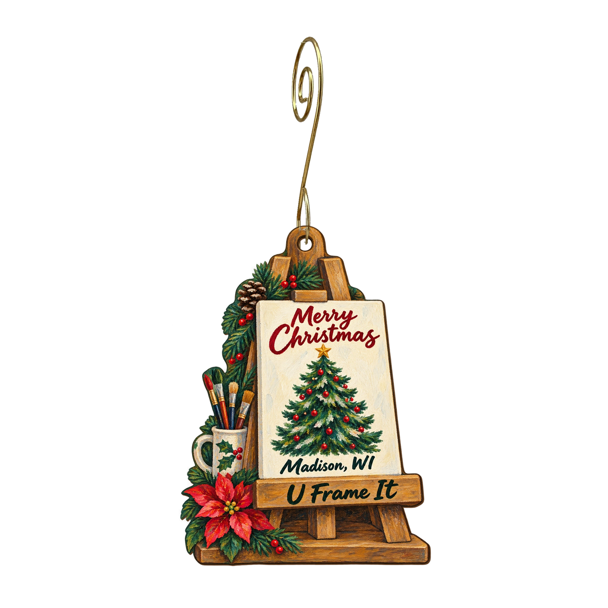 M&C U Frame It — Christmas custom wood ornament OC1626, photographic gold spiral hook