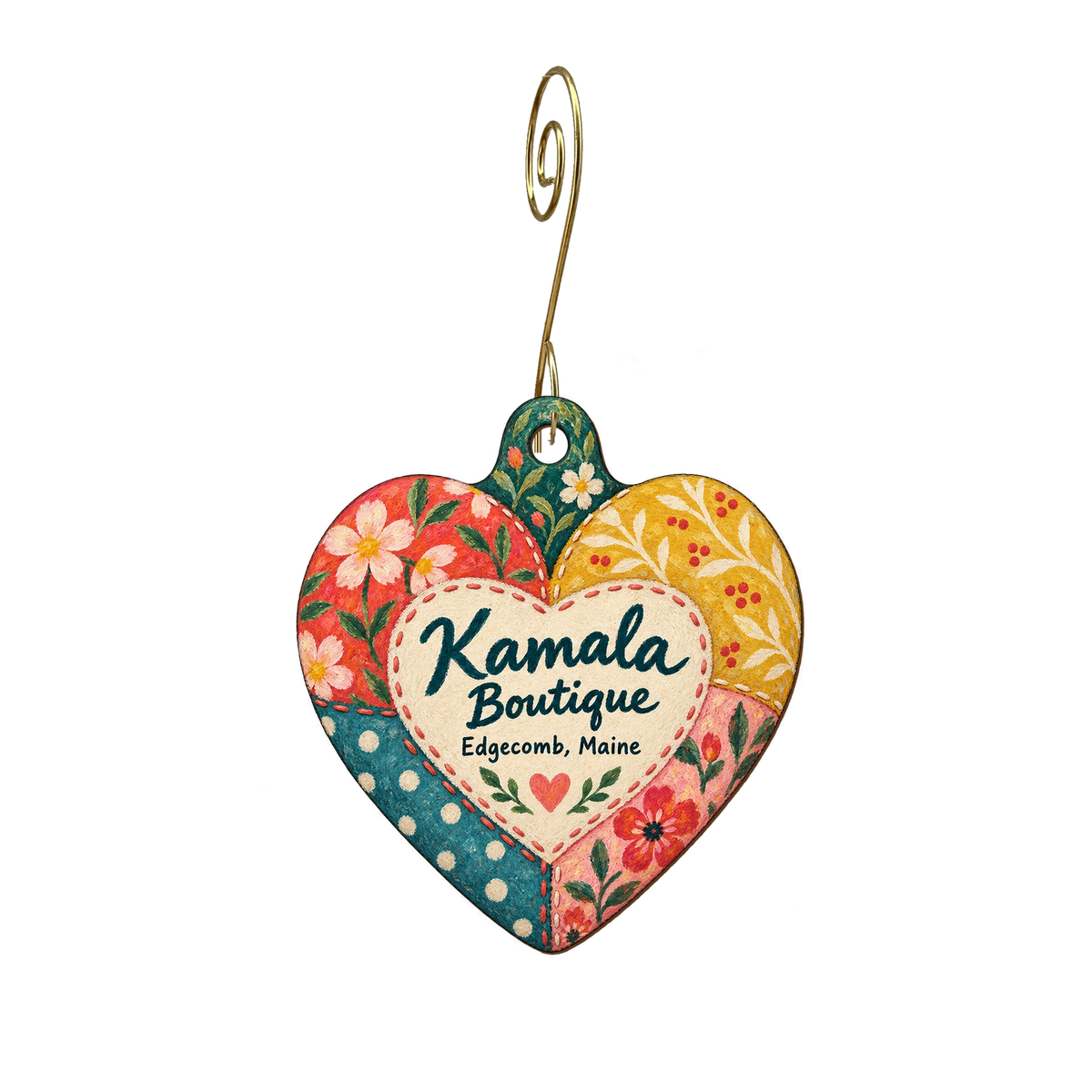 Kamala Boutique — Store identity custom wood ornament OC1631, photographic gold spiral hook