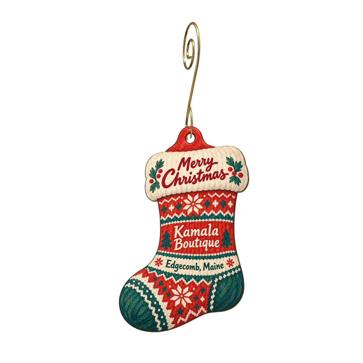 Kamala Boutique — Christmas custom wood ornament OC1632, photographic gold spiral hook