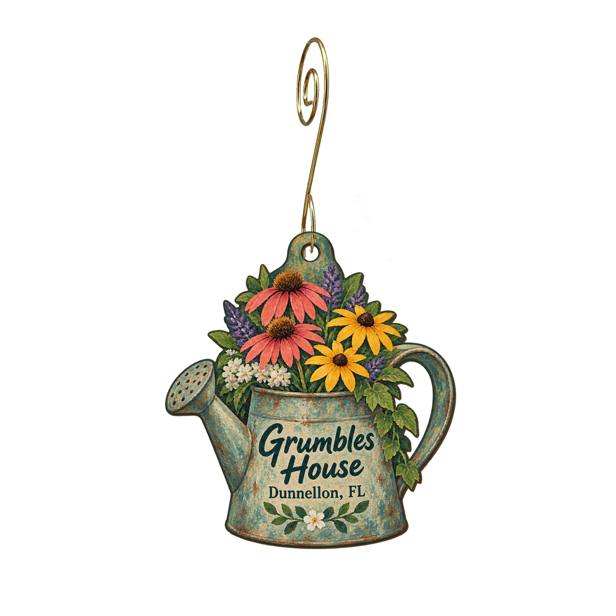 Grumbles House Antiques & Garden Shop — Store identity custom wood ornament OC1634, photographic gold spiral hook