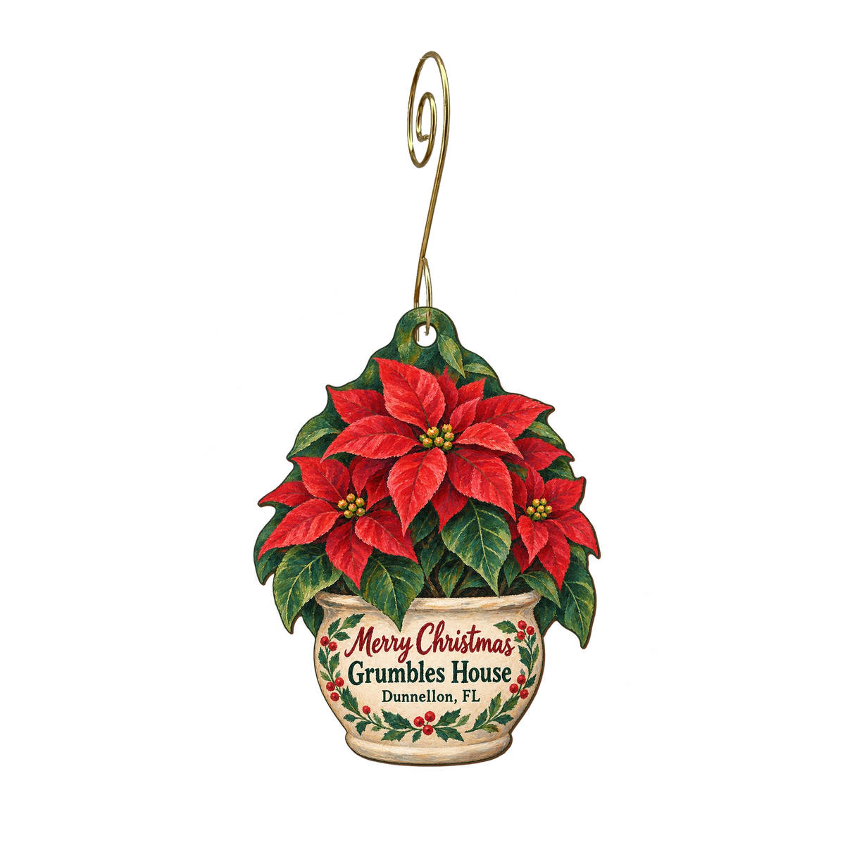 Grumbles House Antiques & Garden Shop — Christmas custom wood ornament OC1635, photographic gold spiral hook