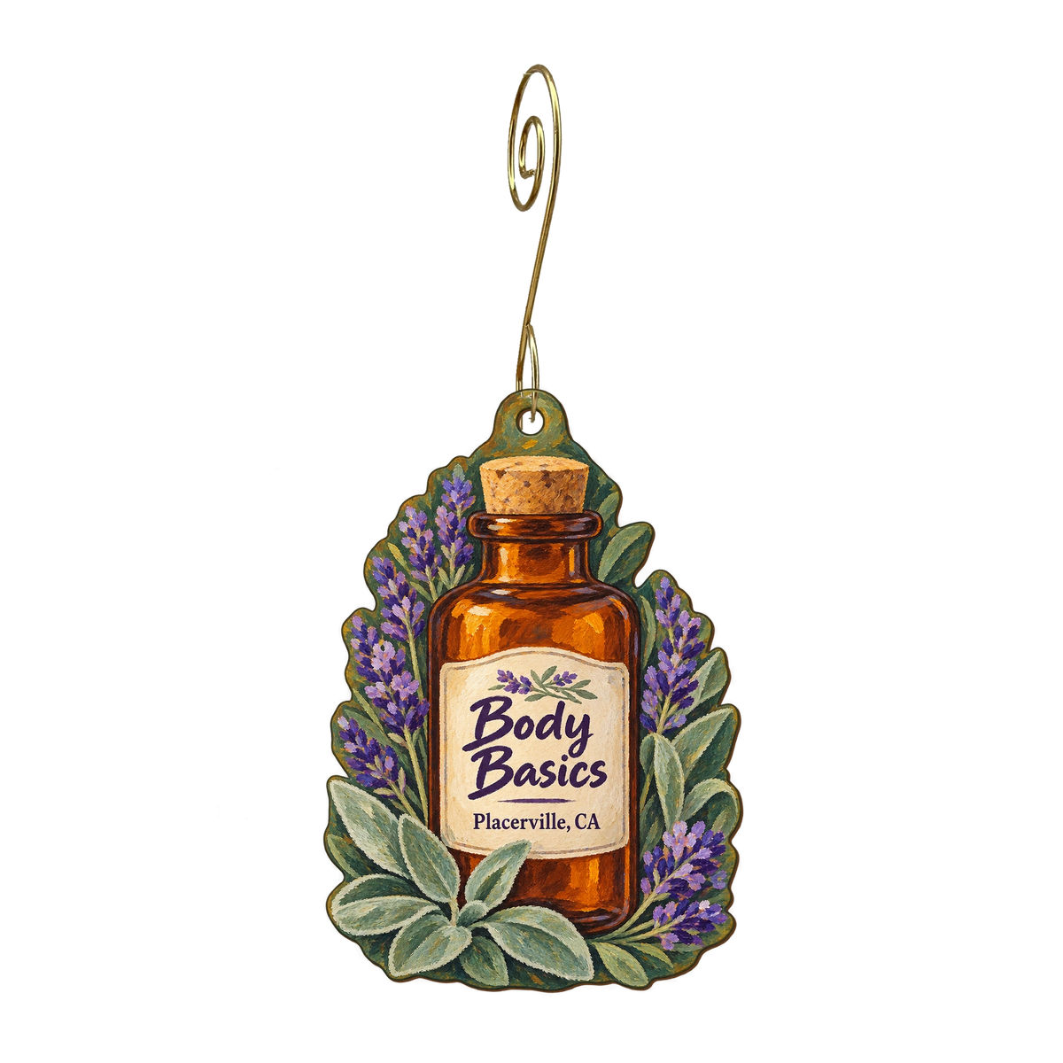 Body Basics — Store identity custom wood ornament OC1637, photographic gold spiral hook