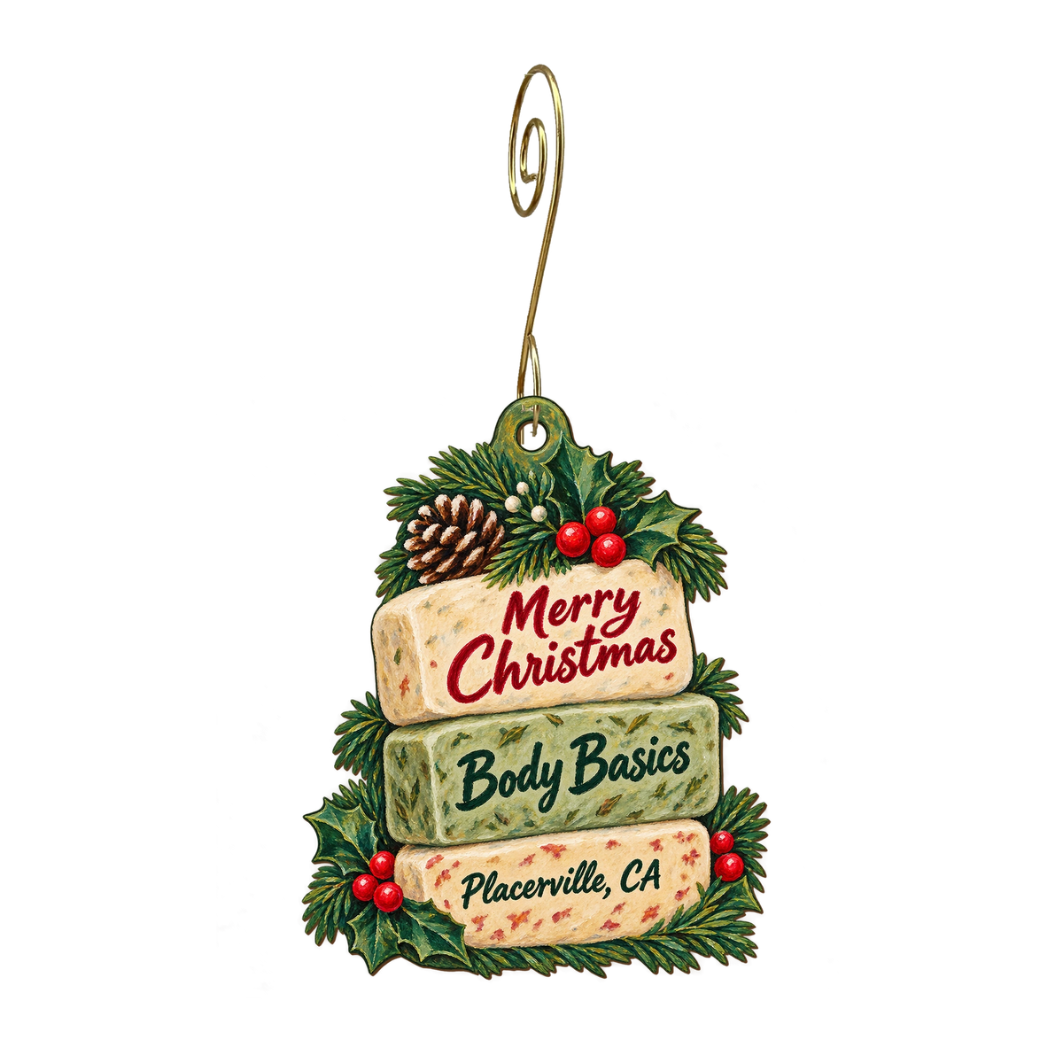 Body Basics — Christmas custom wood ornament OC1638, photographic gold spiral hook