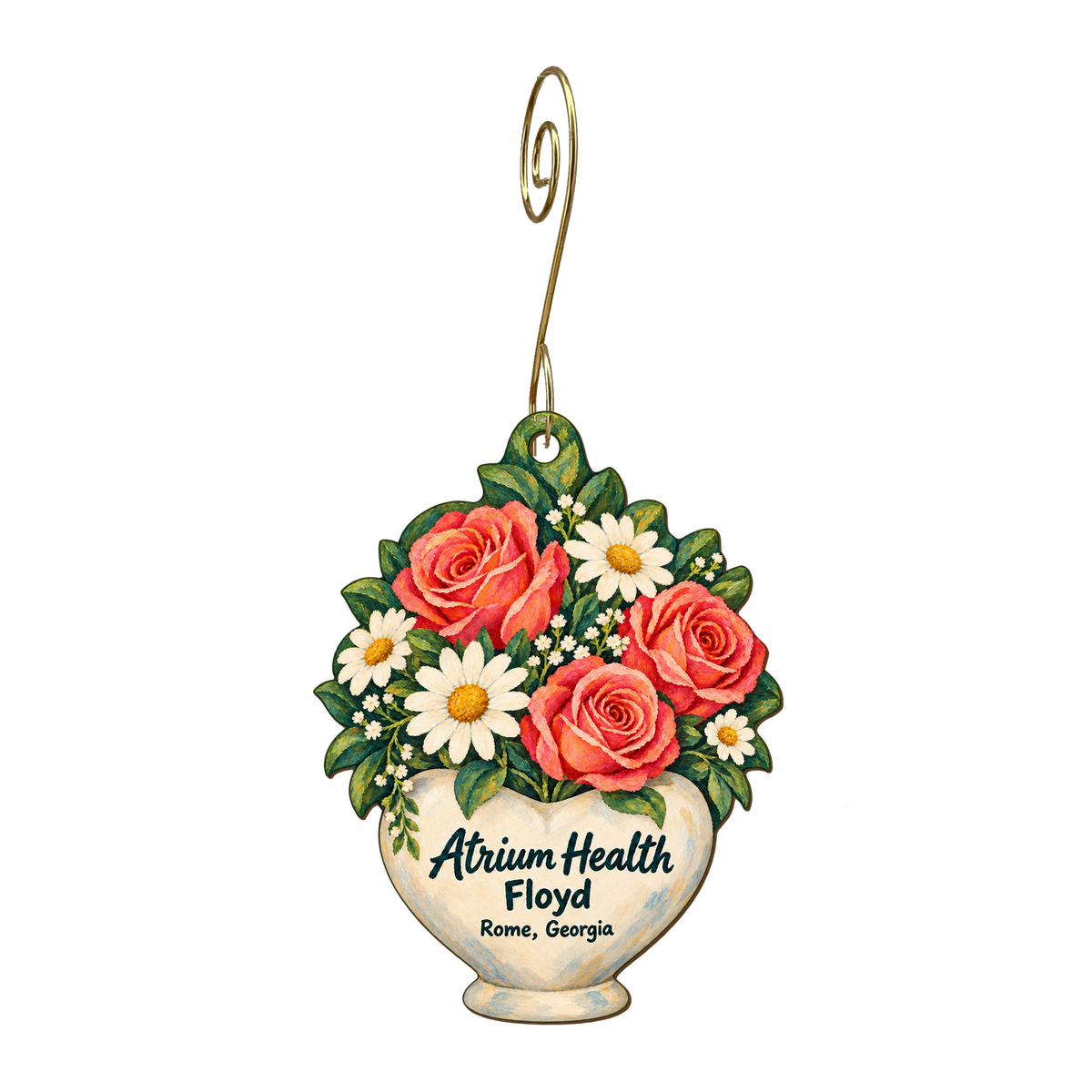 Atrium Health Floyd — Store identity custom wood ornament OC1640, photographic gold spiral hook