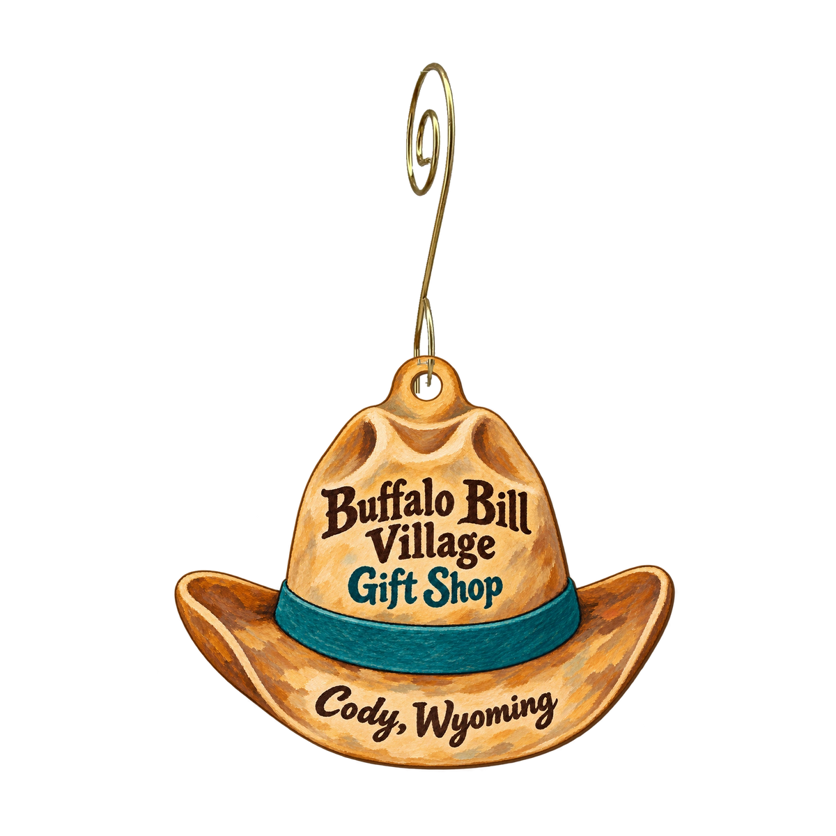 Buffalo Bill Village Gift Shop — Store identity custom wood ornament OC1643, photographic gold spiral hook