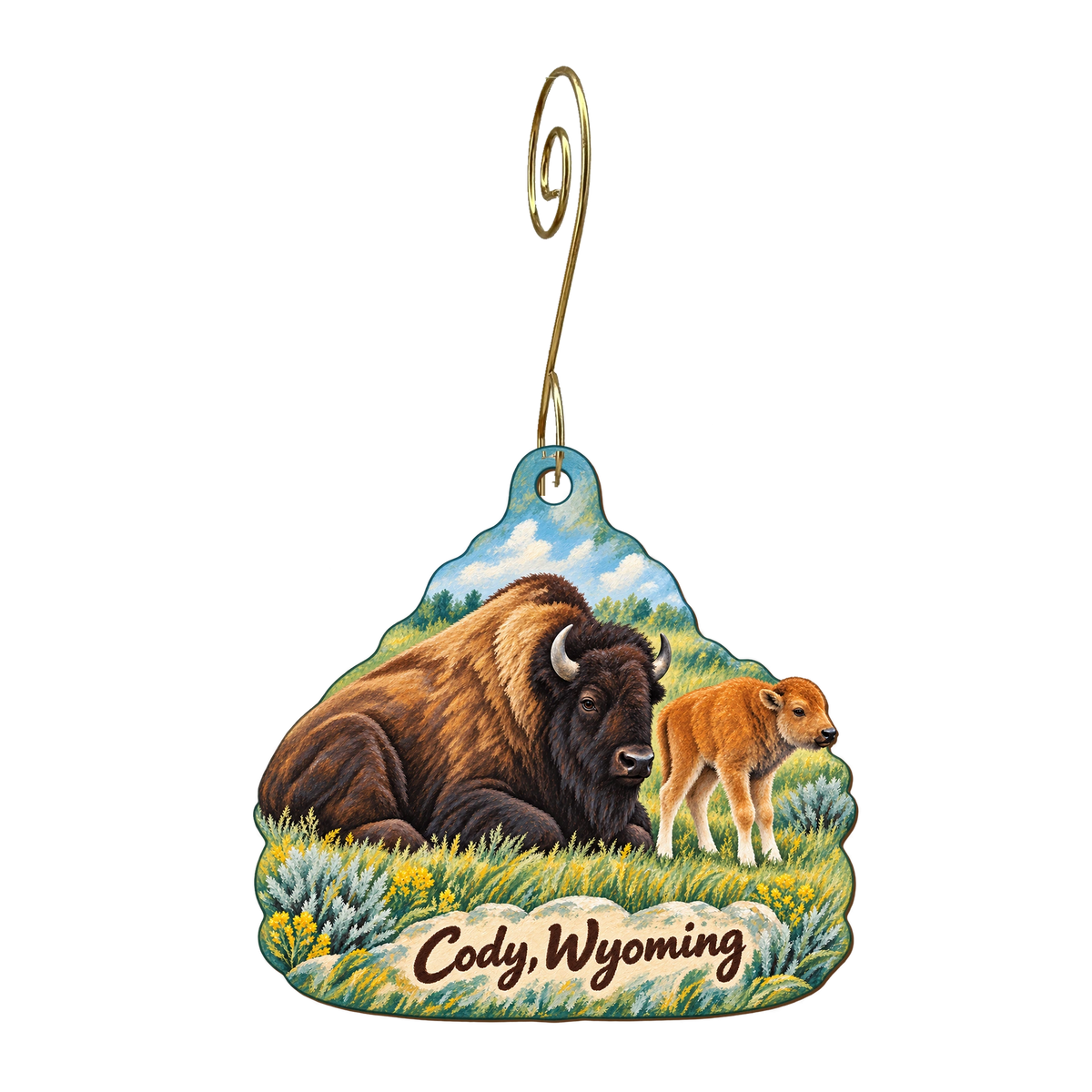 Buffalo Bill Village Gift Shop — Local inspiration custom wood ornament OC1645, photographic gold spiral hook