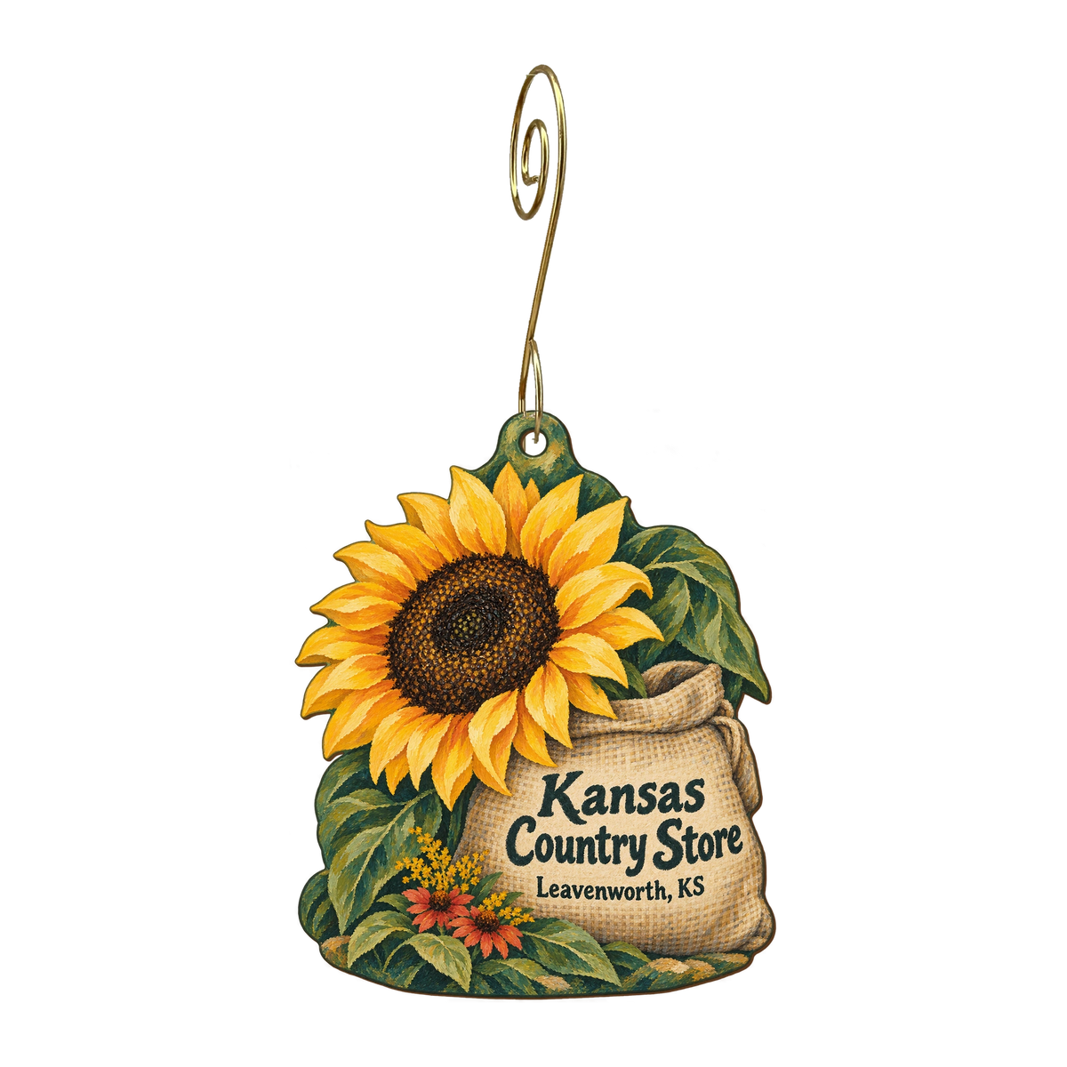 Kansas Country Store — Store identity custom wood ornament OC1649, photographic gold spiral hook