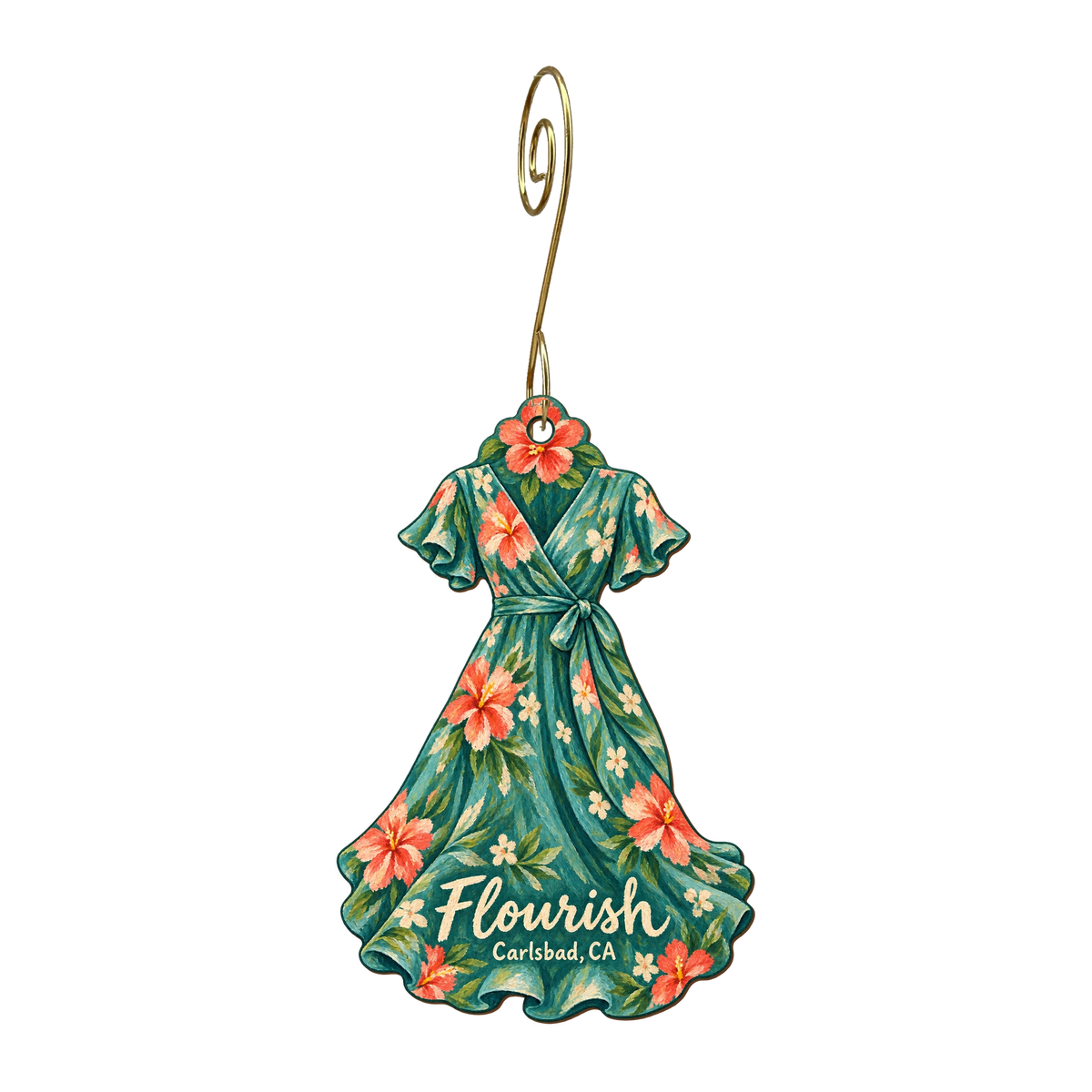 Flourish by Blues and Shoes — Store identity custom wood ornament OC1652, photographic gold spiral hook