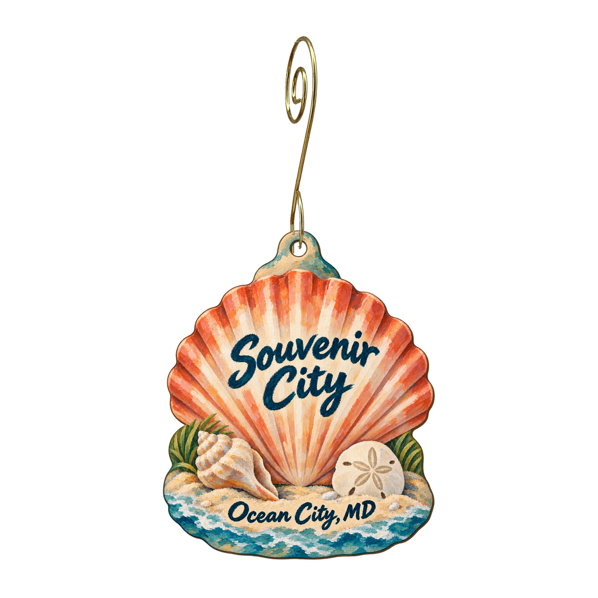 R.P Auker — Store identity custom wood ornament OC1655, photographic gold spiral hook