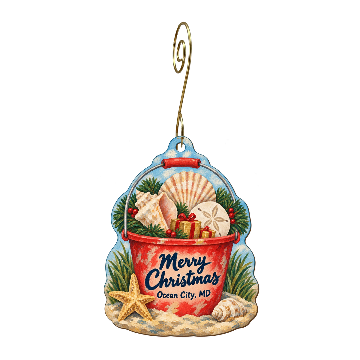 R.P Auker — Christmas custom wood ornament OC1656, photographic gold spiral hook