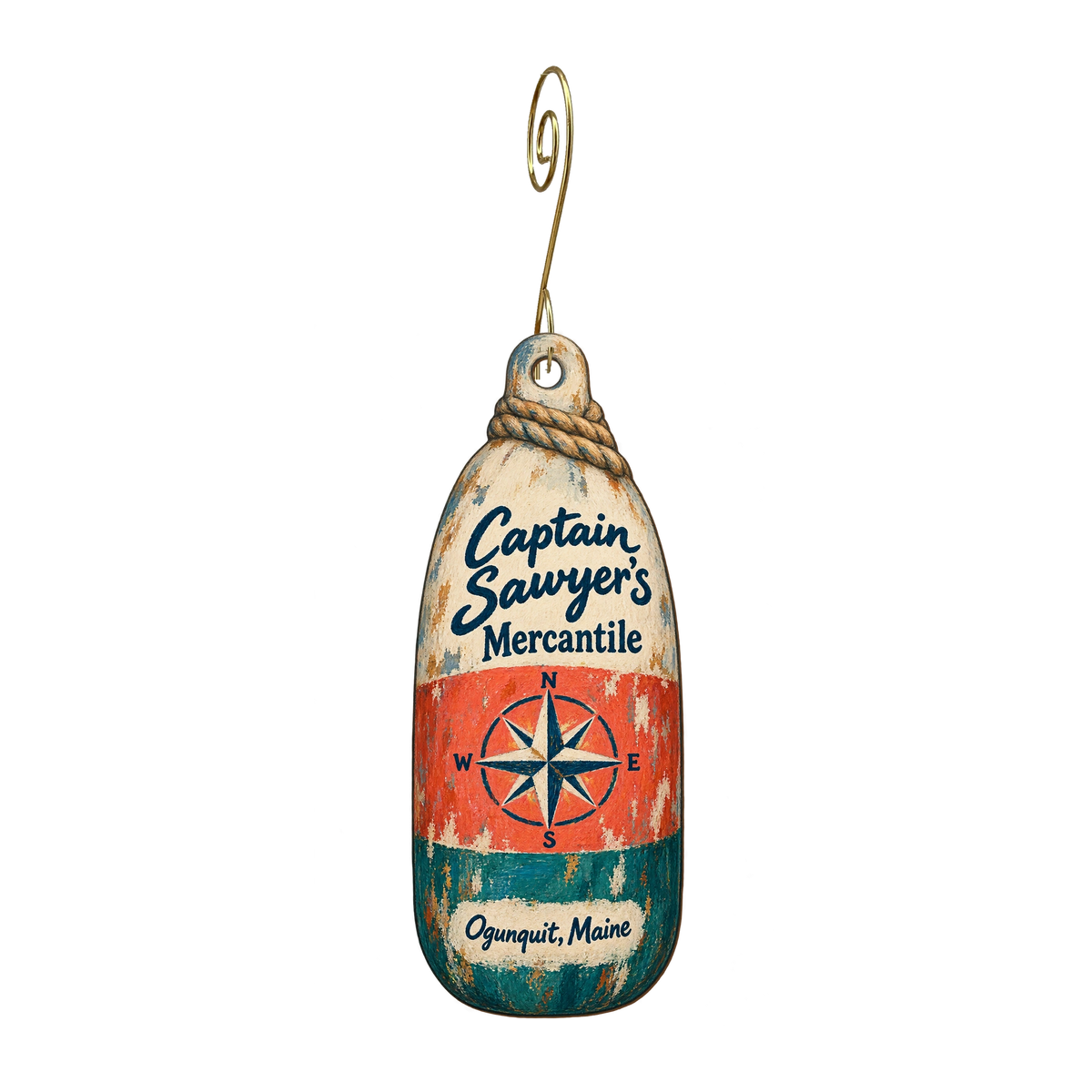 Capt Sawyer's Mercantile — Store identity custom wood ornament OC1658, photographic gold spiral hook