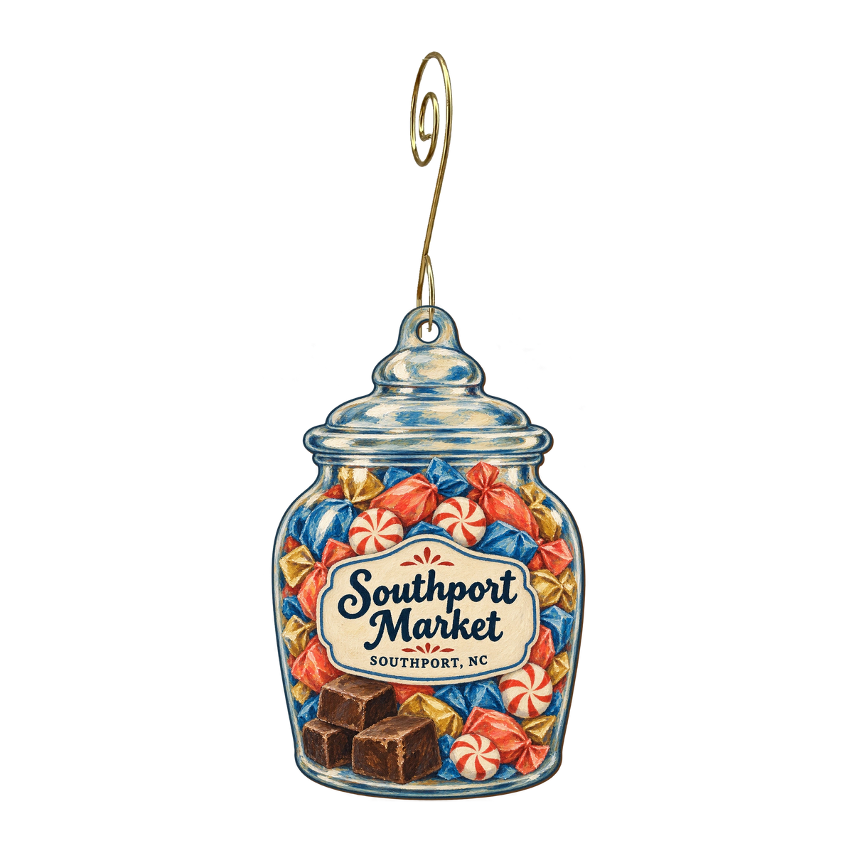 Southport Market — Store identity custom wood ornament OC1661, photographic gold spiral hook