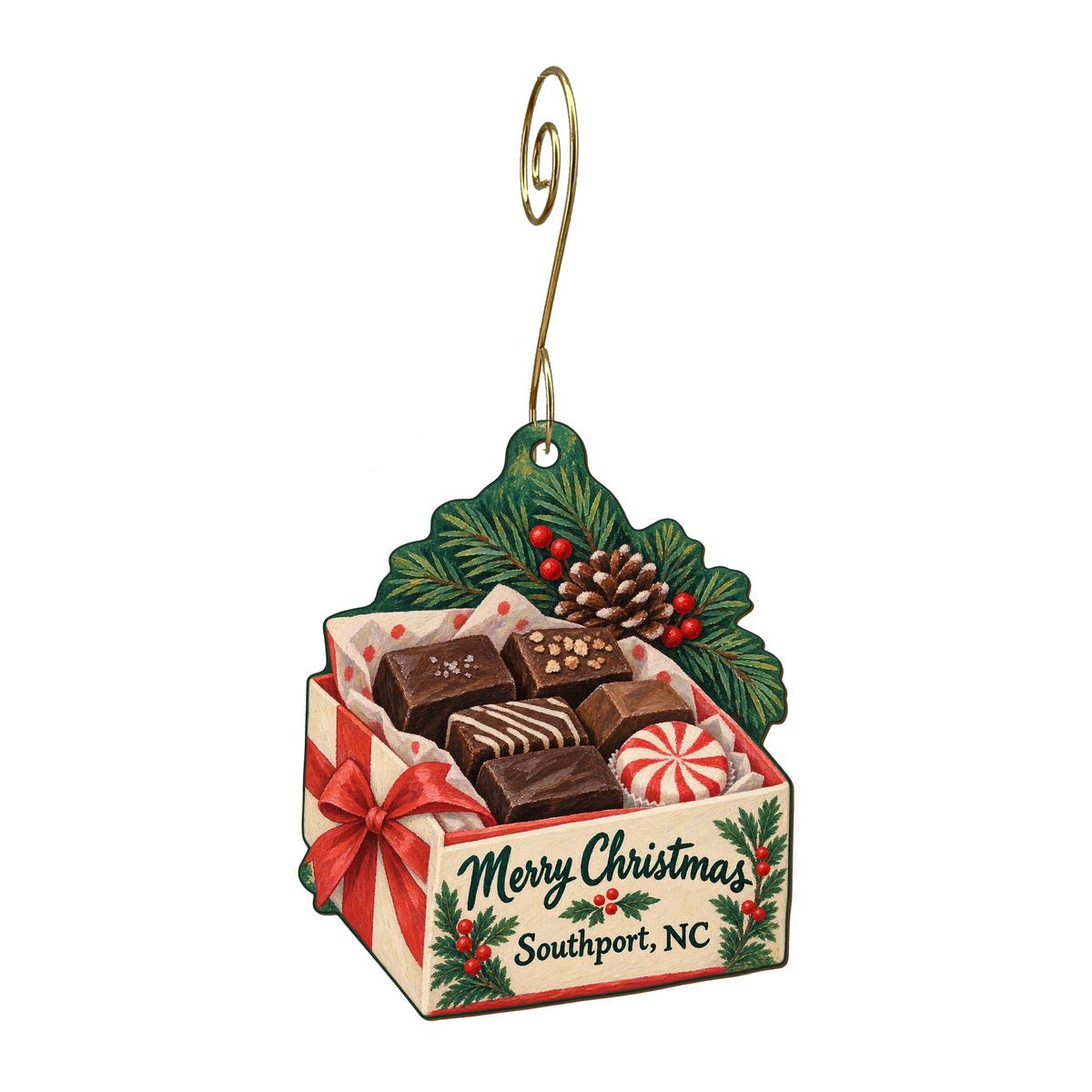Southport Market — Christmas custom wood ornament OC1662, photographic gold spiral hook
