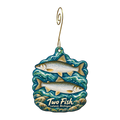 Two Fish Leland — Store identity custom wood ornament OC1664, photographic gold spiral hook