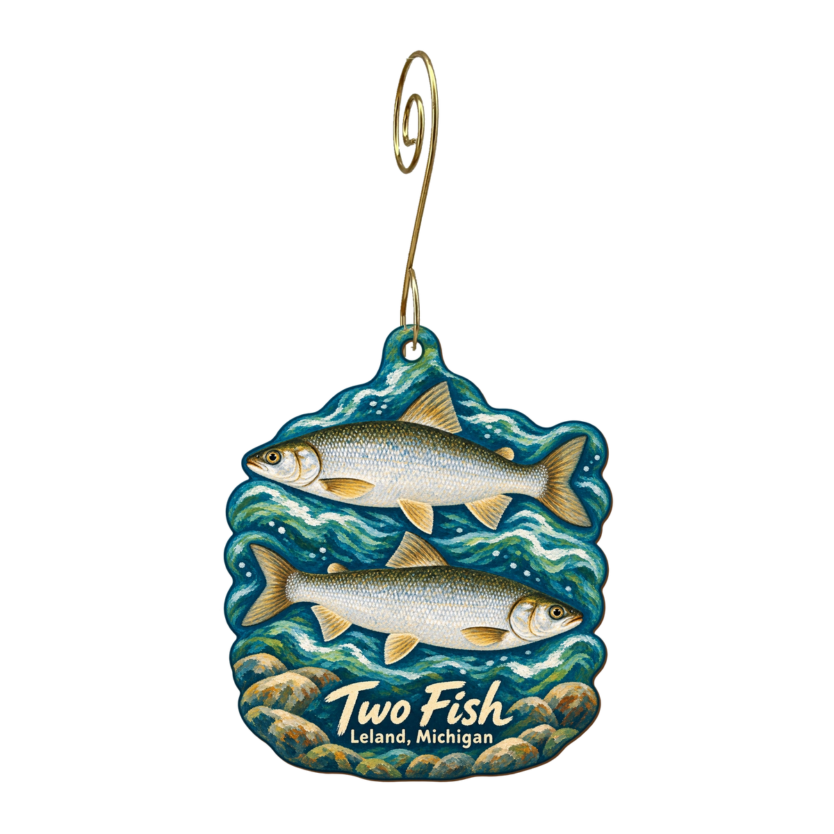 Two Fish Leland — Store identity custom wood ornament OC1664, photographic gold spiral hook