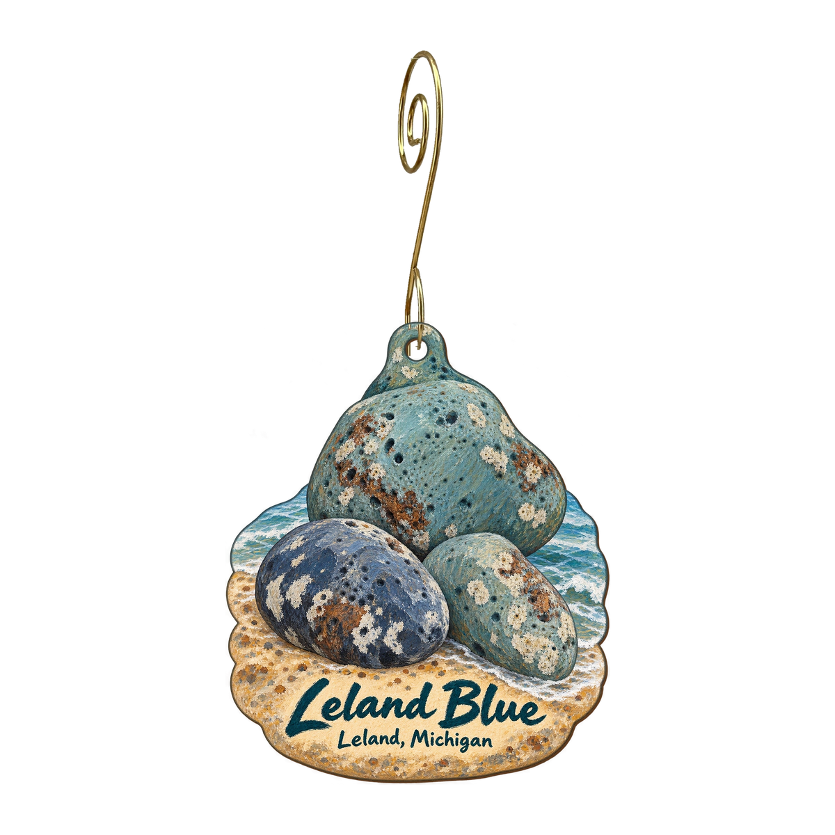 Two Fish Leland — Local inspiration custom wood ornament OC1666, photographic gold spiral hook
