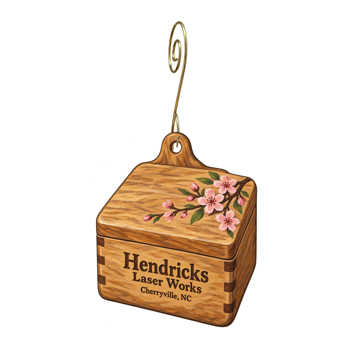 Hendricks Laser Works — Store identity custom wood ornament OC1667, photographic gold spiral hook