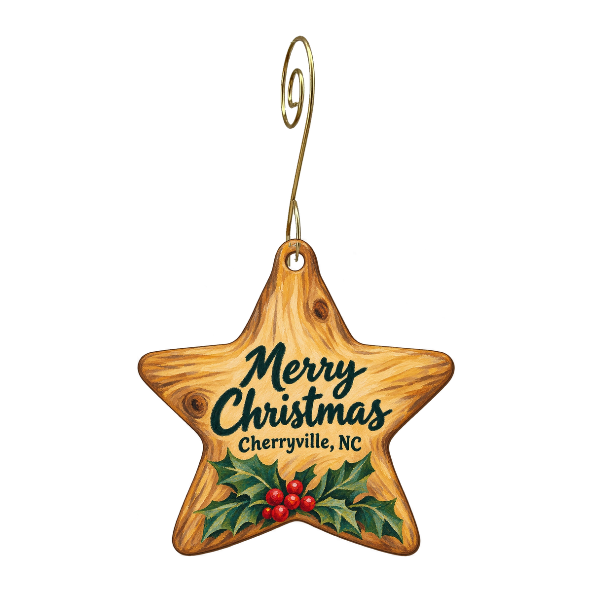 Hendricks Laser Works — Christmas custom wood ornament OC1668, photographic gold spiral hook