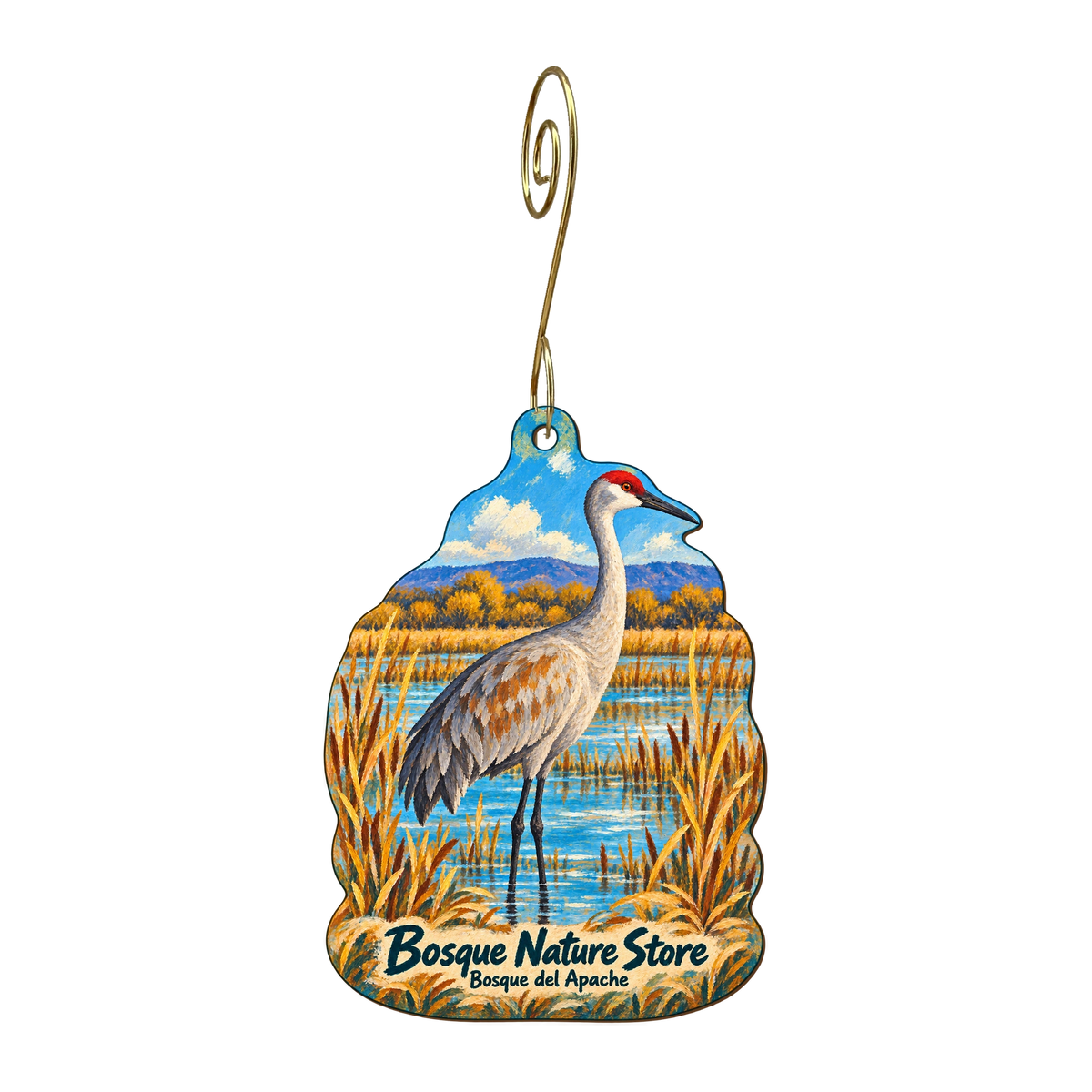 Friends of Bosque — Store identity custom wood ornament OC1670, photographic gold spiral hook