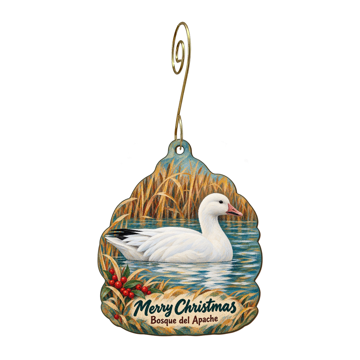 Friends of Bosque — Christmas custom wood ornament OC1671, photographic gold spiral hook