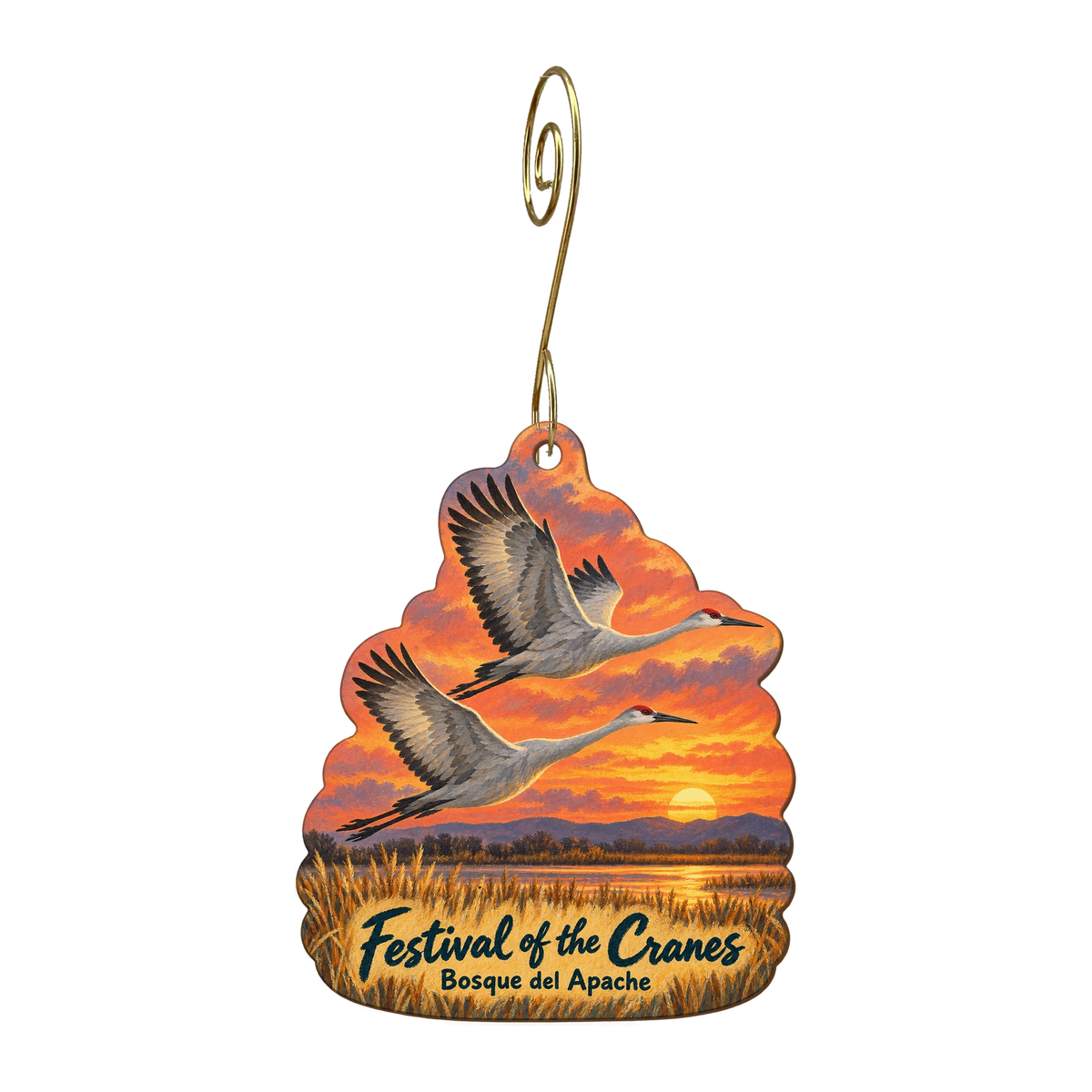 Friends of Bosque — Local inspiration custom wood ornament OC1672, photographic gold spiral hook