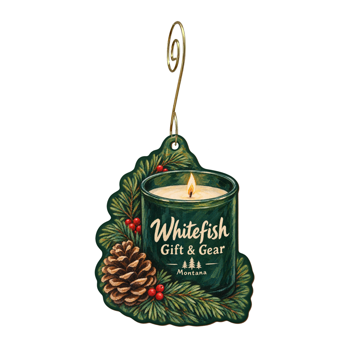Whitefish Gift & Gear — Store identity custom wood ornament OC1673, photographic gold spiral hook