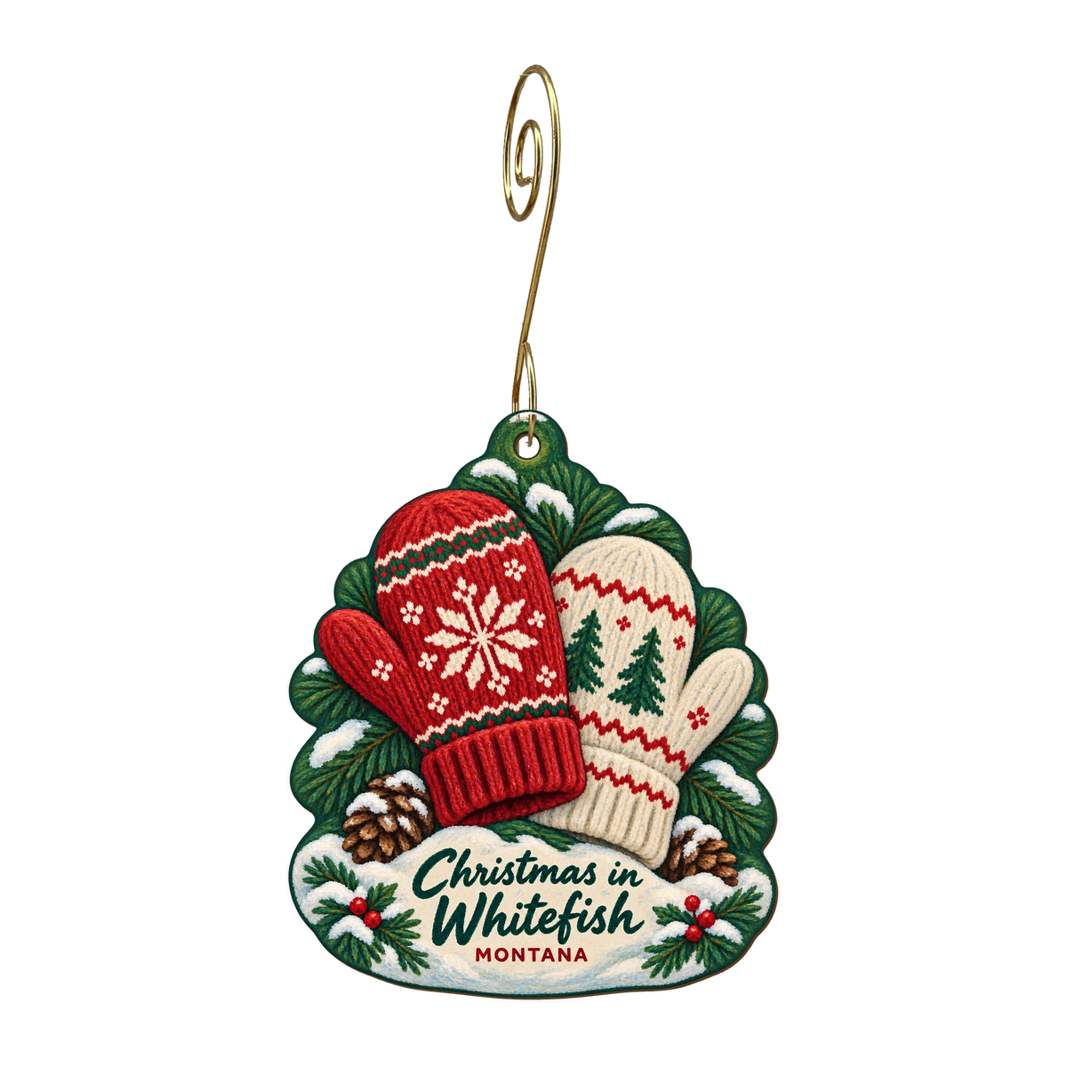 Whitefish Gift & Gear — Christmas custom wood ornament OC1674, photographic gold spiral hook